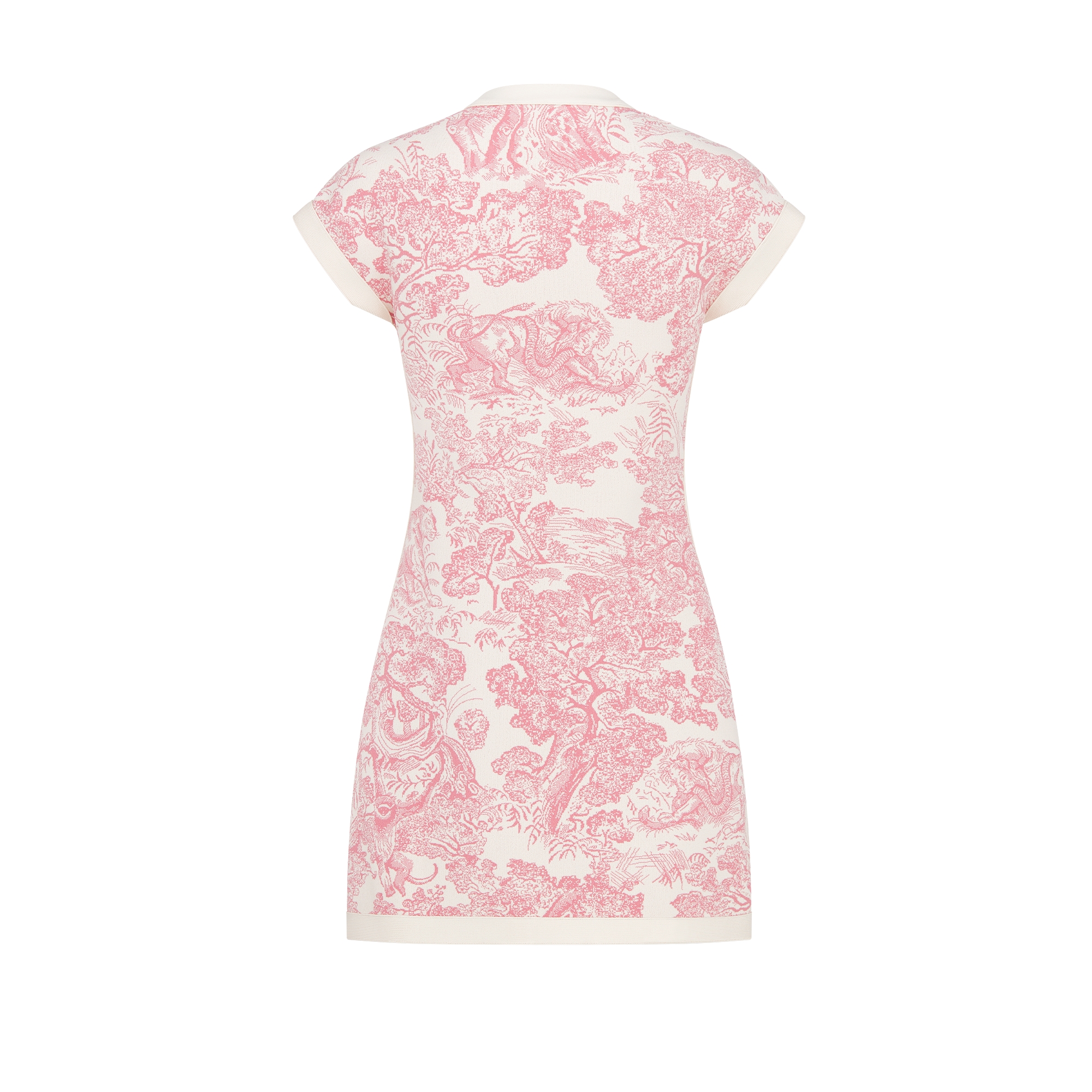 Dioriviera Short Flared Dress White Technical Knit with Cherry Blossom Pink Toile de Jouy Sauvage Motif E08