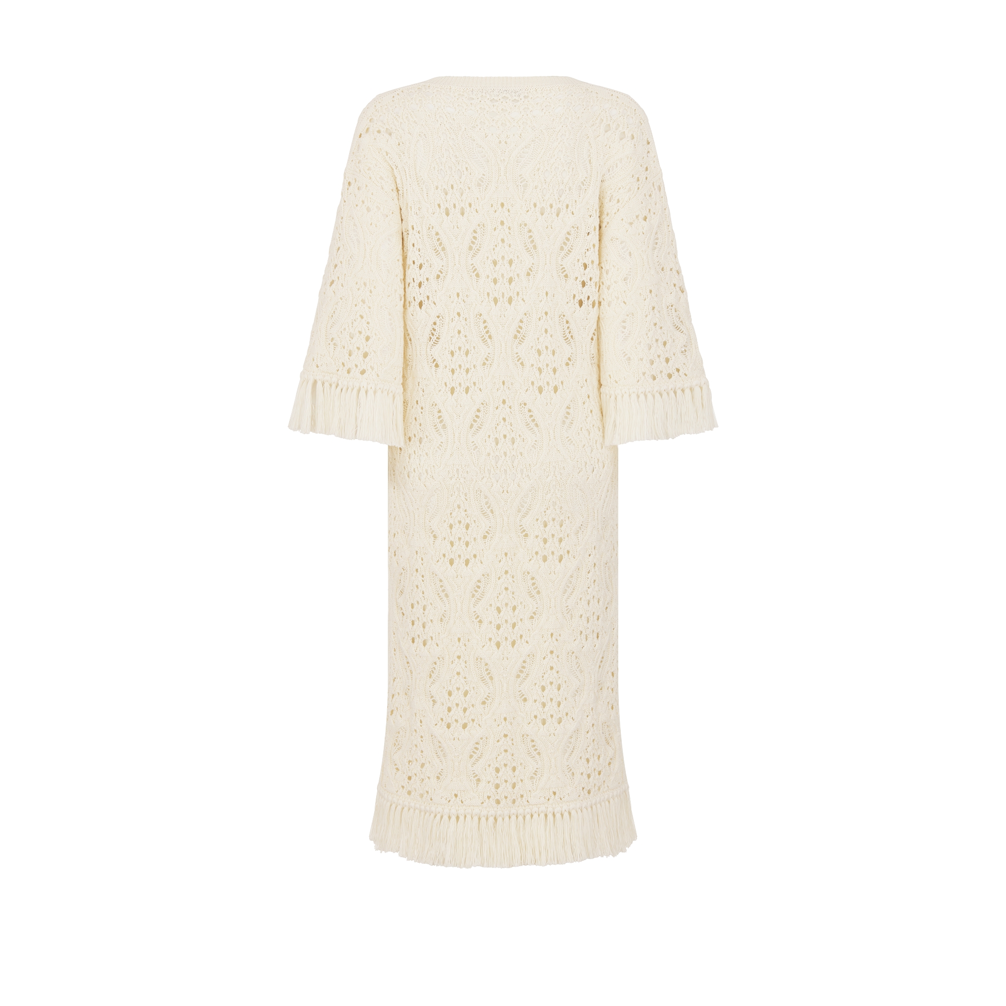 Dioriviera Mid-Length Straight Dress Ecru Cotton Crochet-Effect Knit with Butterfly Motif E08