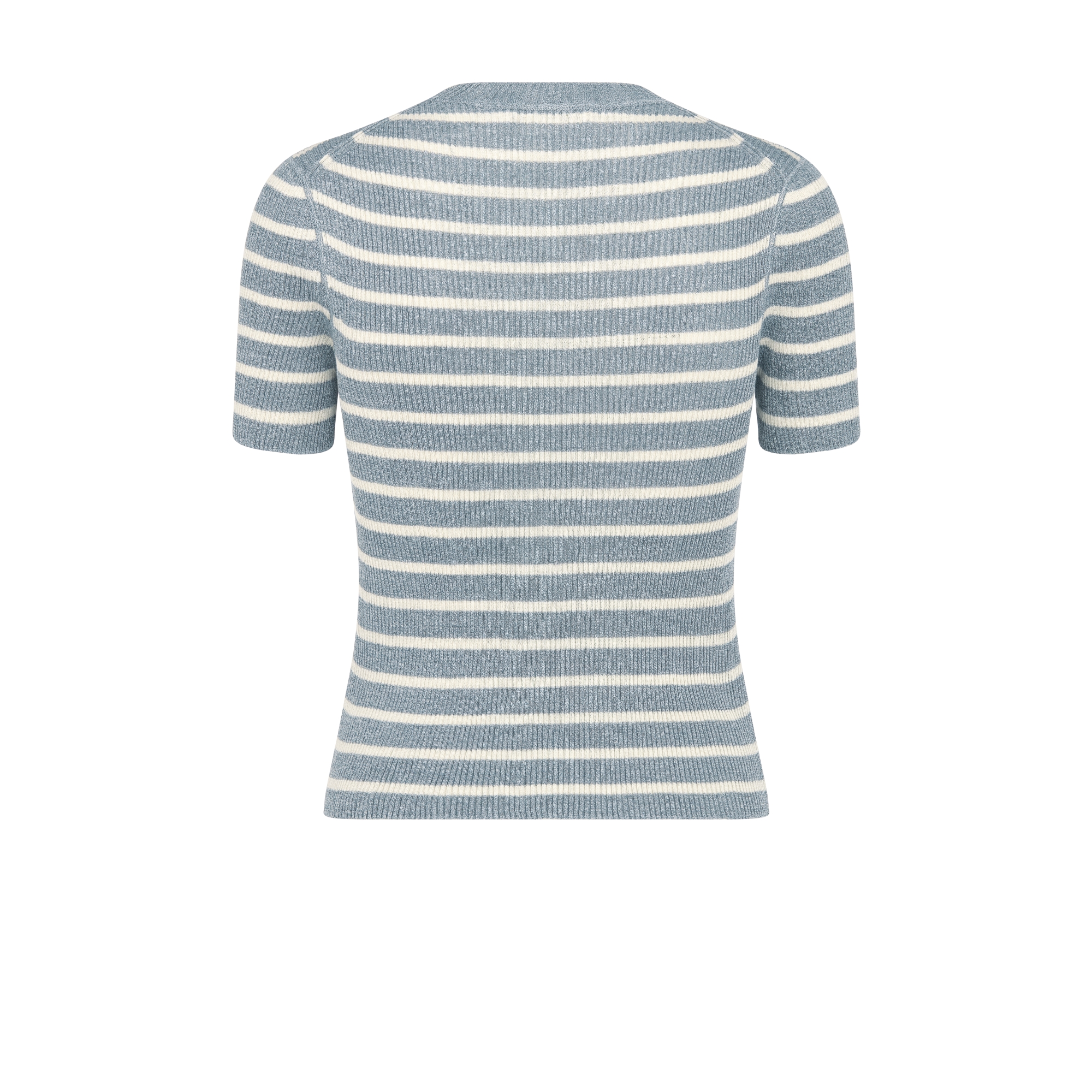 Dioriviera Cropped Short-Sleeved Sweater Denim Blue and White D-Stripes Linen and Silk Stretch Knit E08