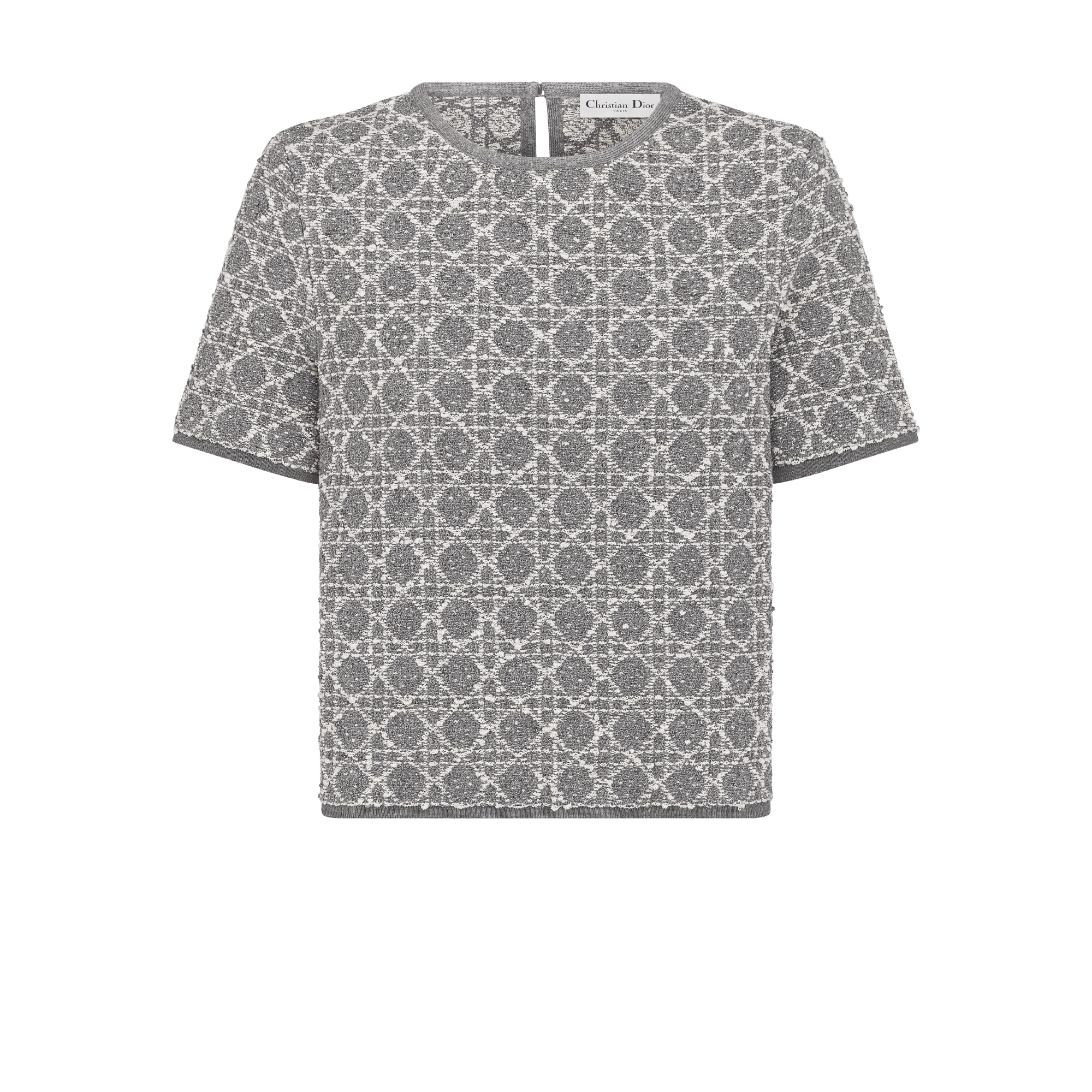 Macrocannage Short-Sleeved Top Gray Cotton-Blend Tweed Knit with Silver-Tone Metallic Thread E01