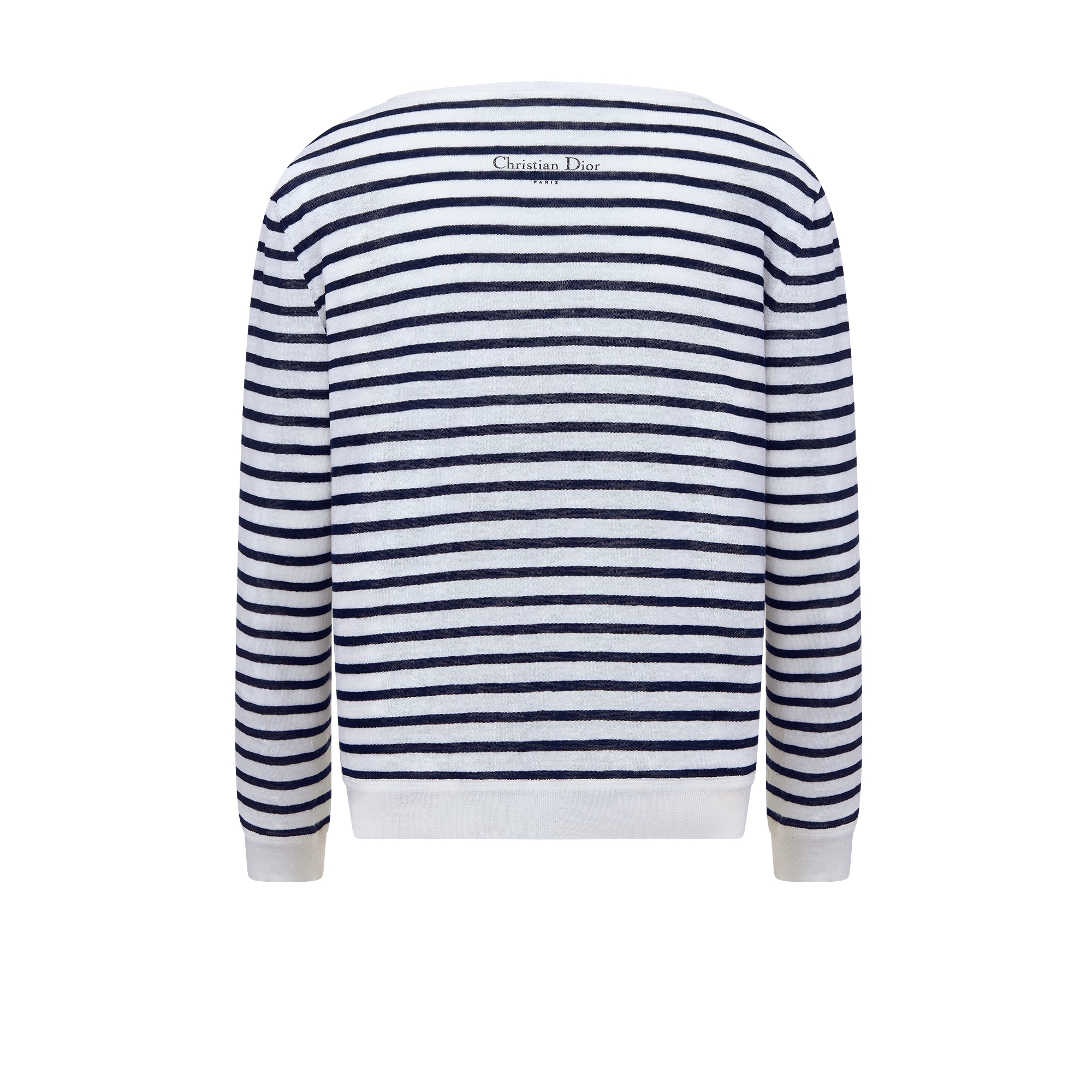 Dioriviera-trui Gebreid van linnen, kasjmier en zijde met marineblauw en wit D-Stripes-motief en Toile de Jouy Palms-motief E08