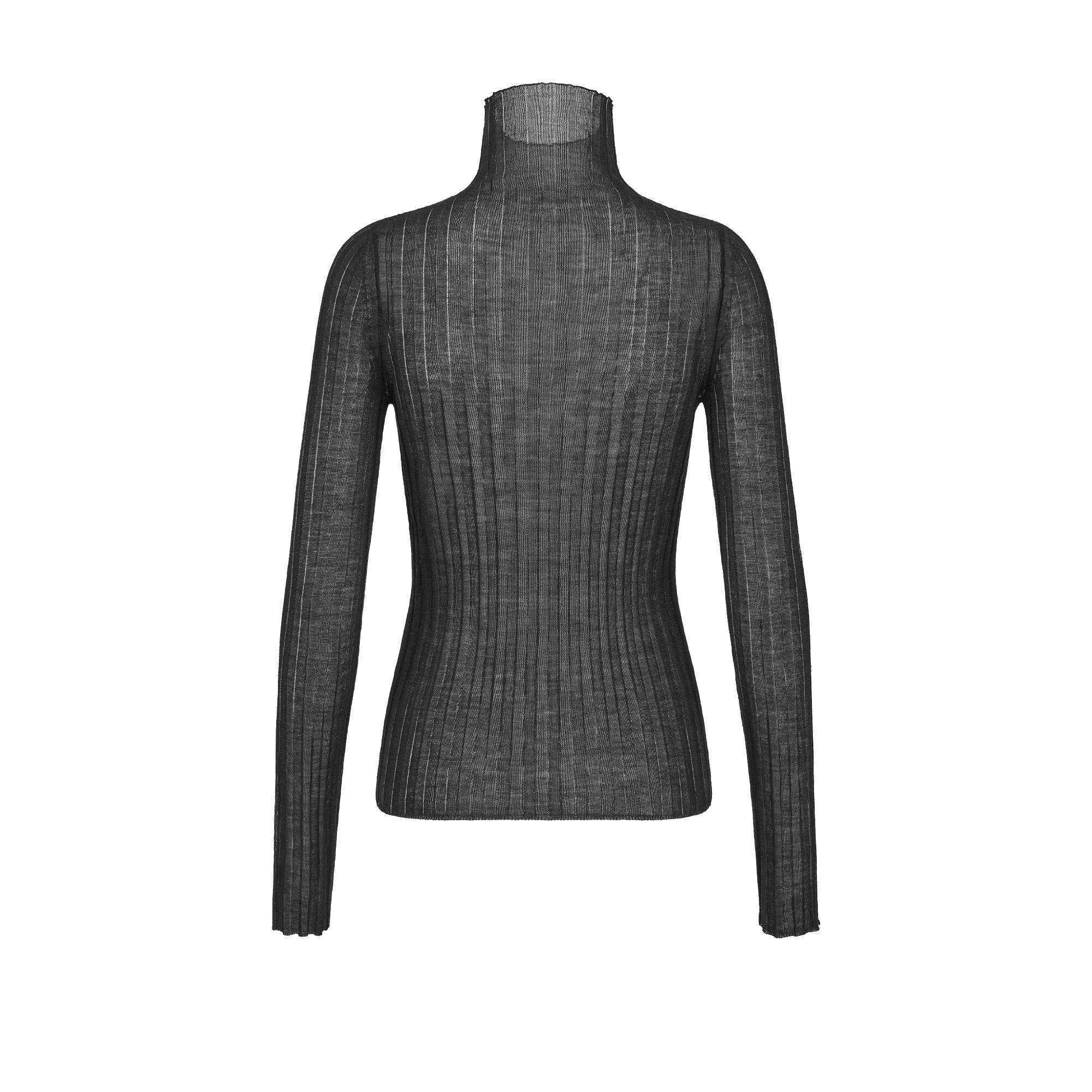 Stand-Collar Sweater Black Wool and Silk Ribbed Knit E08