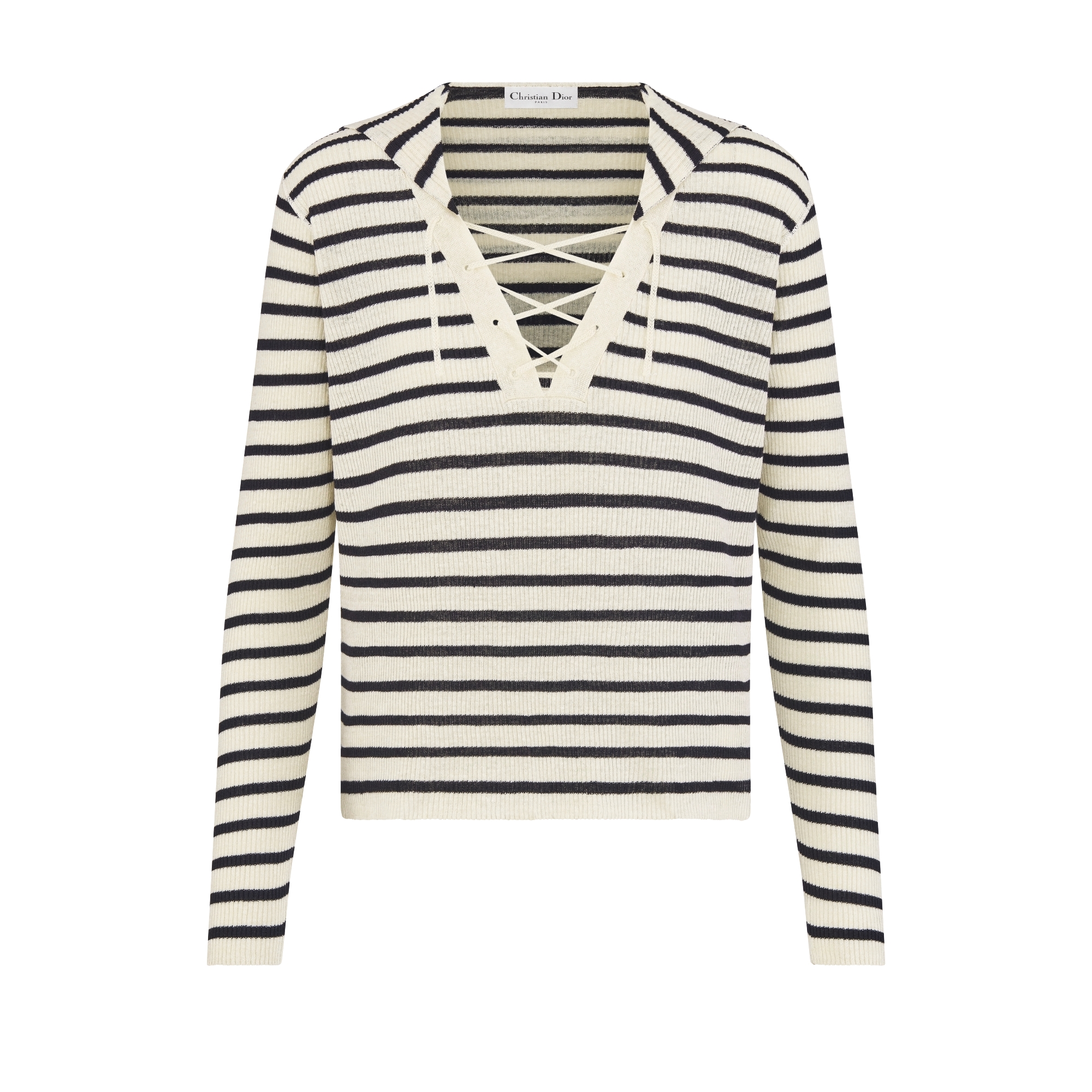 Dioriviera Sweater with Lace-Up Neckline Ecru and Black D-Stripes Linen and Silk Knit E01