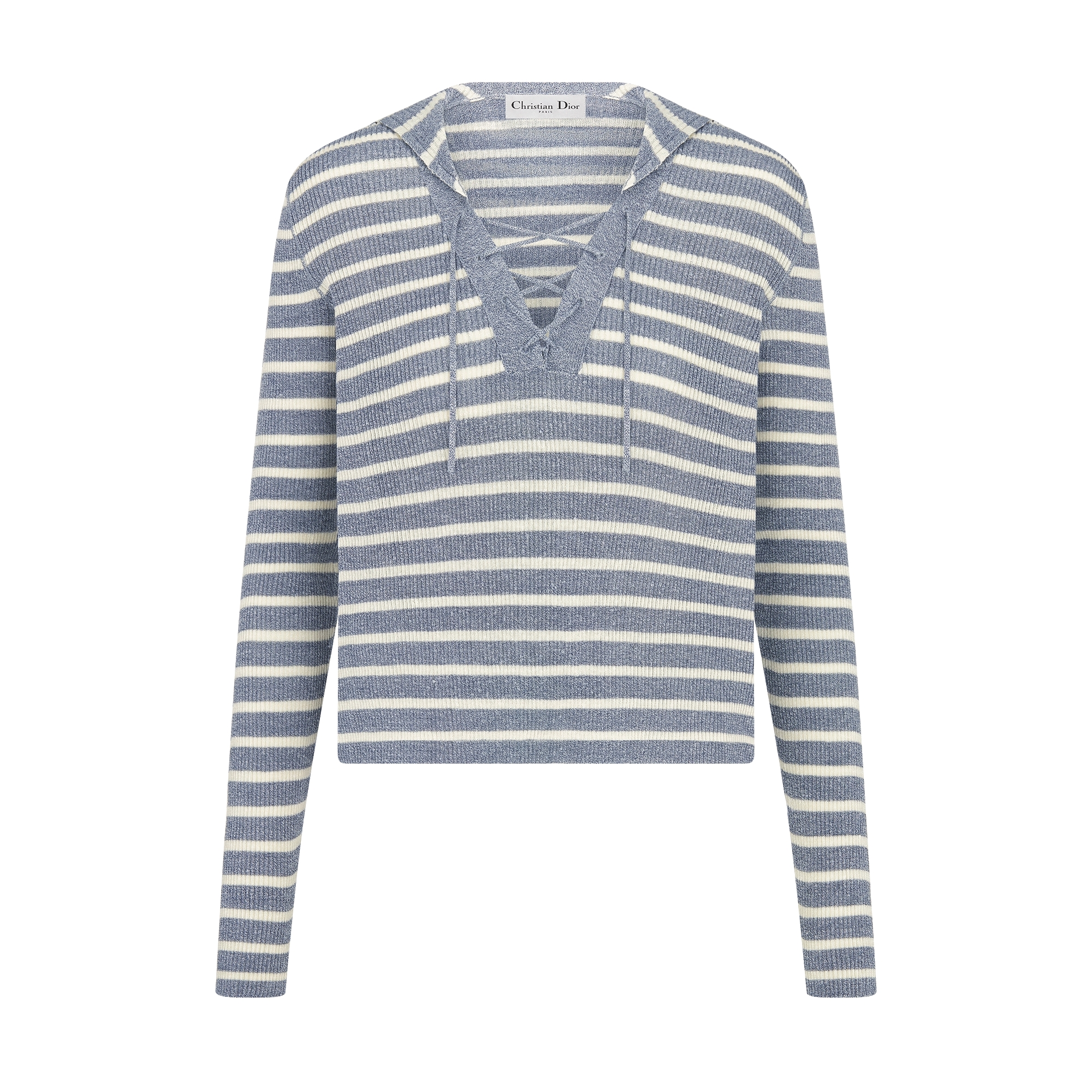 Dioriviera Sweater with Lace-Up Neckline Denim Blue and Ecru D-Stripes Linen and Silk Knit E01