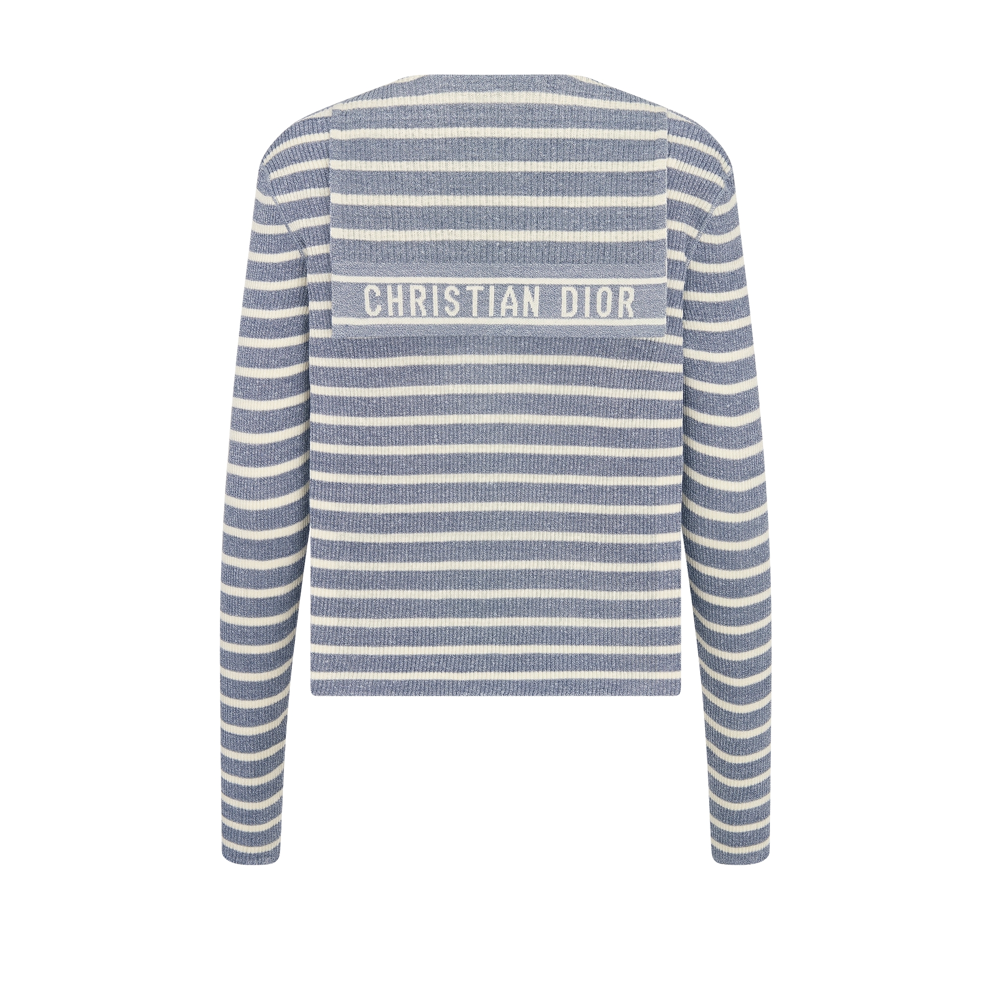 Dioriviera Sweater with Lace-Up Neckline Denim Blue and Ecru D-Stripes Linen and Silk Knit E08 Denim Blue and Ecru D-Stripes Linen and Silk Knit