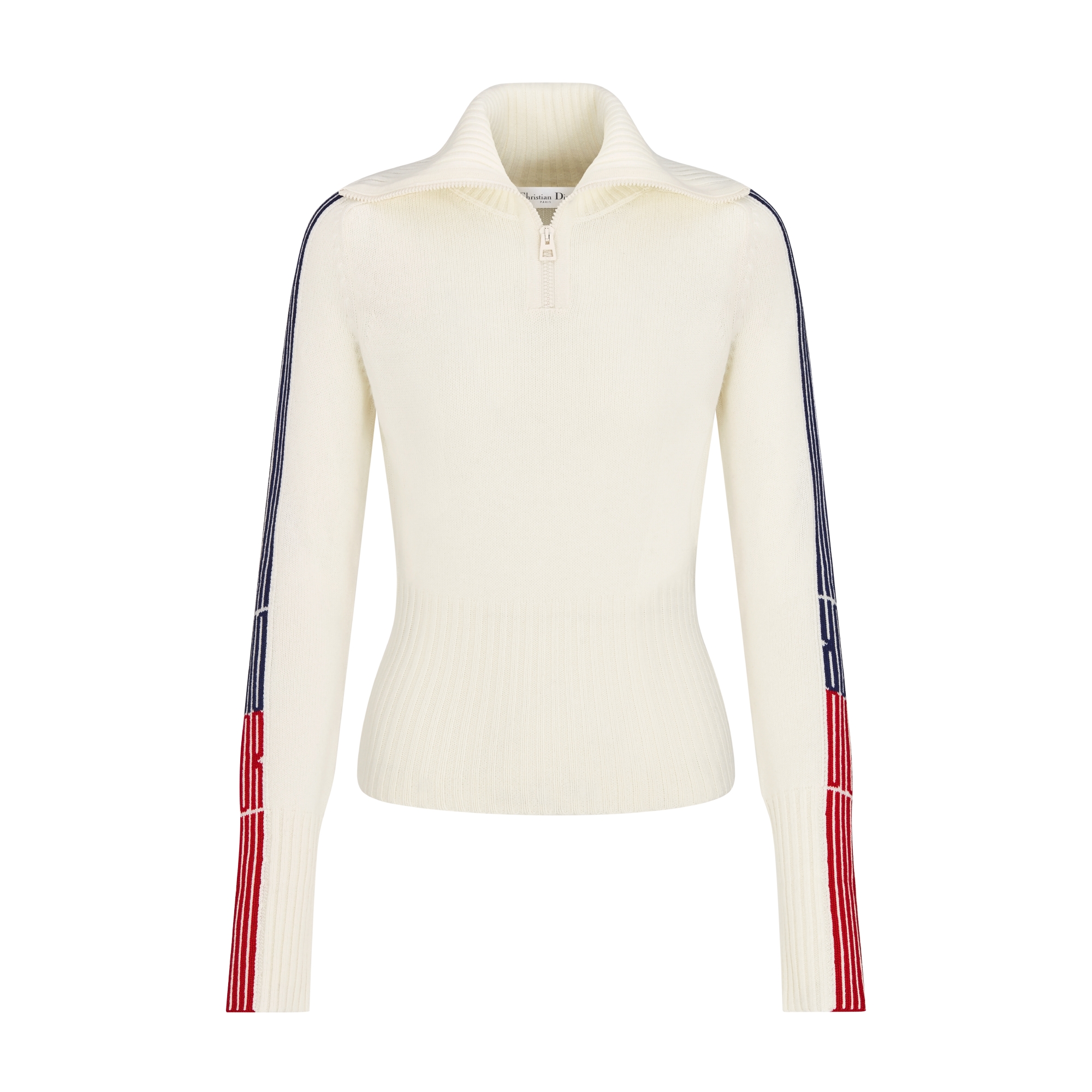 DiorAlps Zipped Mock Neck Sweater White Virgin Wool and Cashmere Knit with Three-Tone Dior Graphique Motif E01