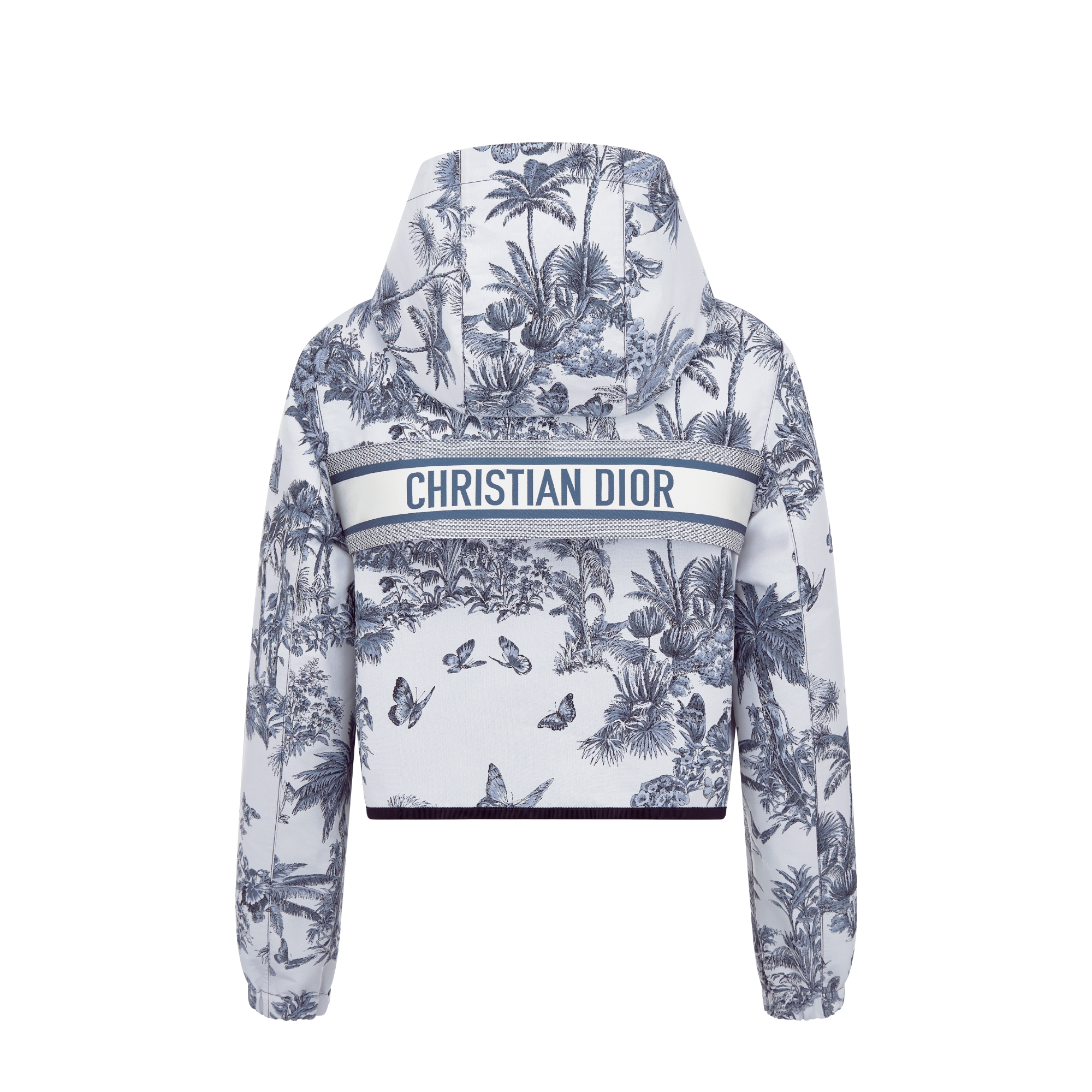 Dioriviera Cropped Hooded Jacket White and Blue Toile de Jouy Palms Jacquard Technical Taffeta E08