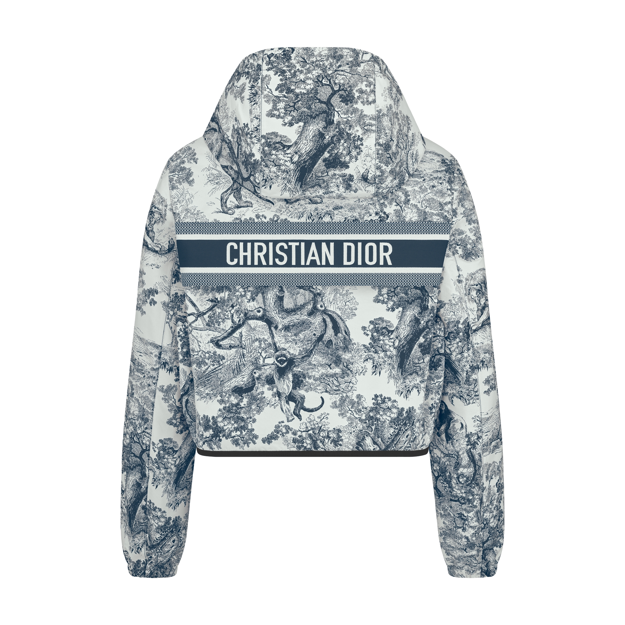 Dioriviera 크롭 후드 재킷 화이트 & 딥 블루 Toile de Jouy Sauvage 자카드 테크니컬 태피터 E08