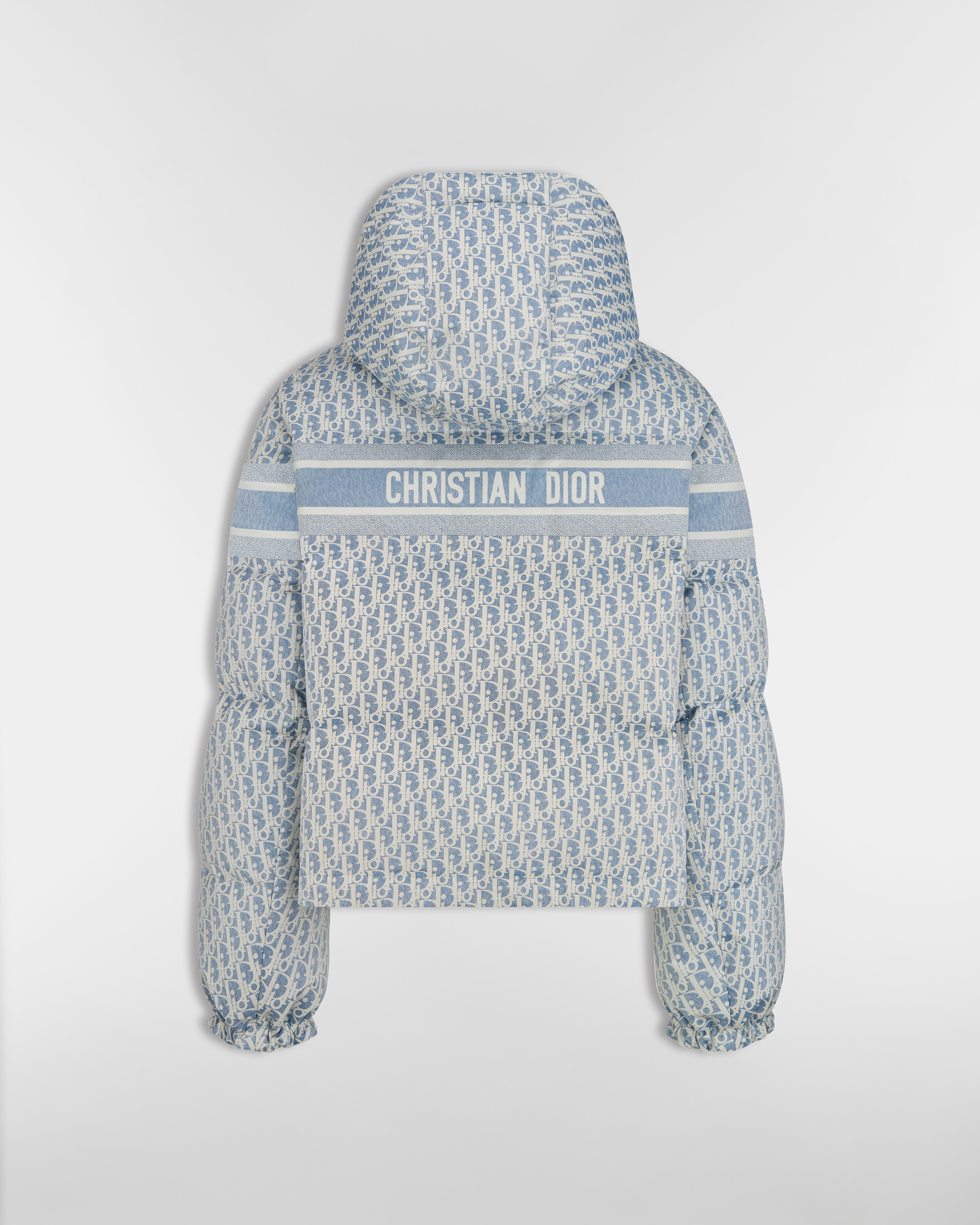 Piumino corto DiorAlps con cappuccio Taffetà tecnico imbottito con motivo Dior Oblique blu e bianco E08