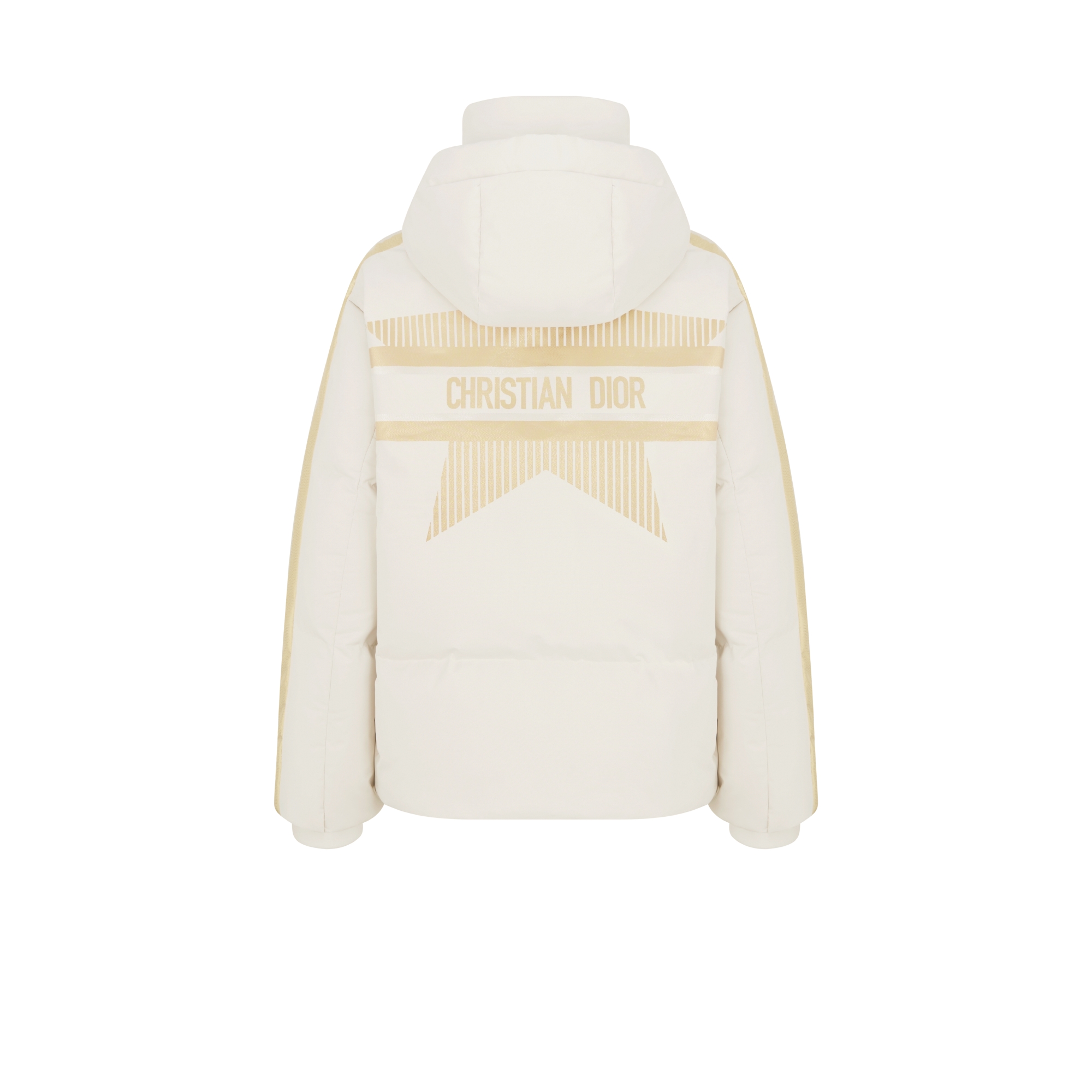 DiorAlps 후드 푸퍼 재킷 화이트 퀼트 테크니컬 태피터 & 골드 톤 Dior Star 모티브 E08