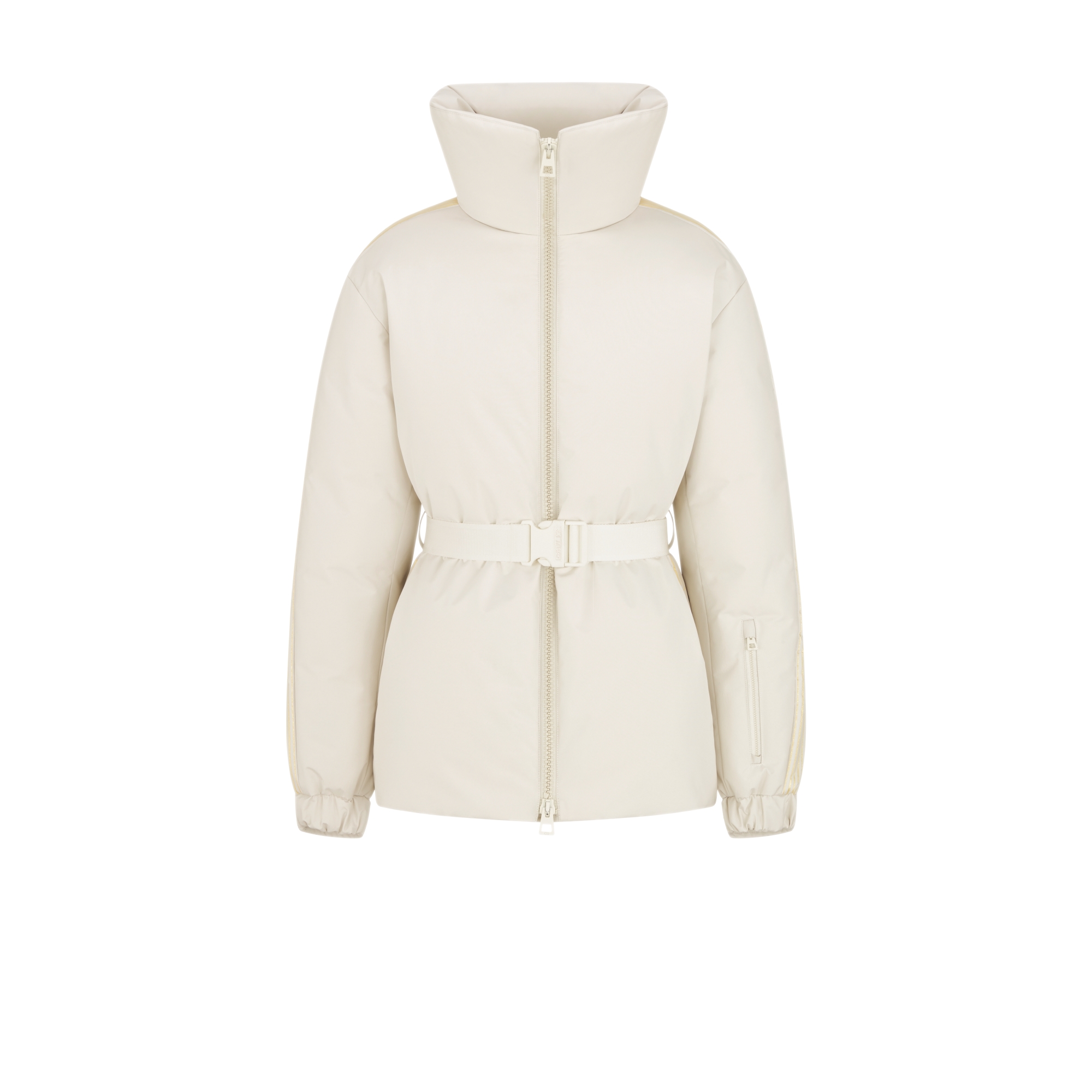 Gewatteerde jas met riem uit de DiorAlps-lijn Witte, gewatteerde technische taf met goudkleurig Dior Graphique-motief E01