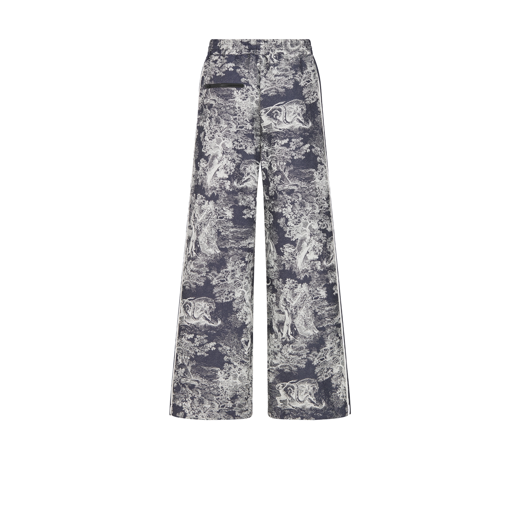 Dioriviera Flared Pants Deep Blue and White Jacquard Technical Taffeta with Toile de Jouy Sauvage Motif E08
