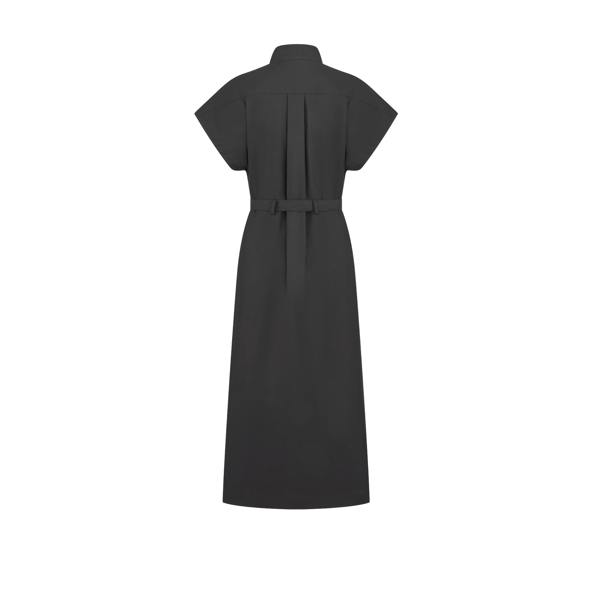 Mid-Length Belted Dress Black Cotton and Silk Poplin E08