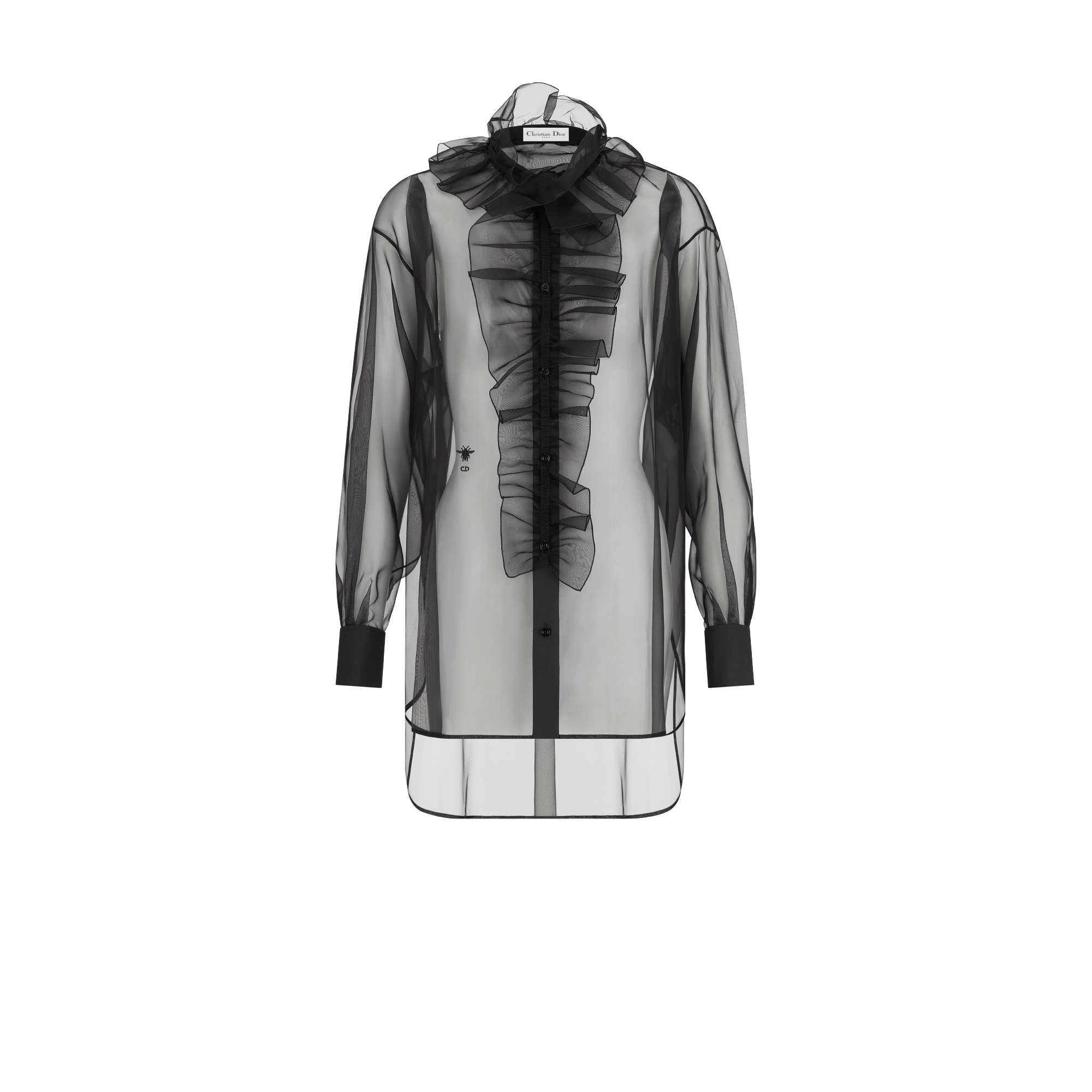 Transparent Blouse with Removable Ruched Collar Black Silk Organza E01