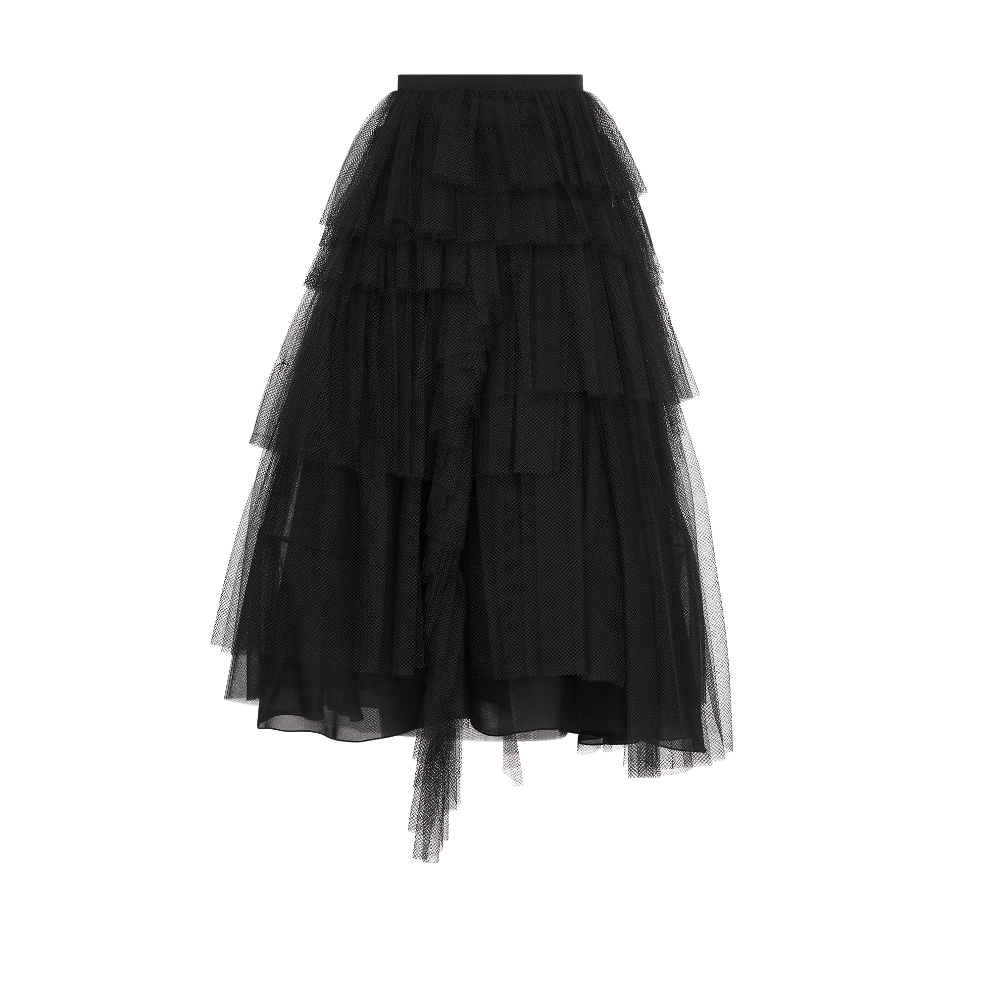 Mid-Length Asymmetric Ruffled Skirt Black Tulle E08