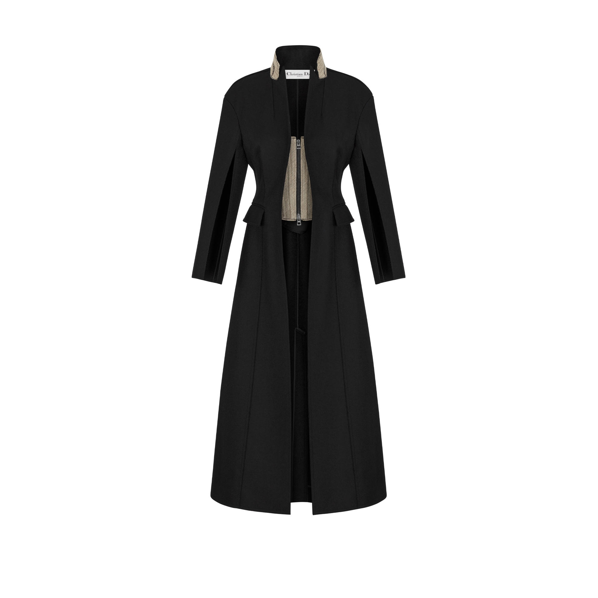 Coat with Removable Ruched Collar and Integrated Bustier