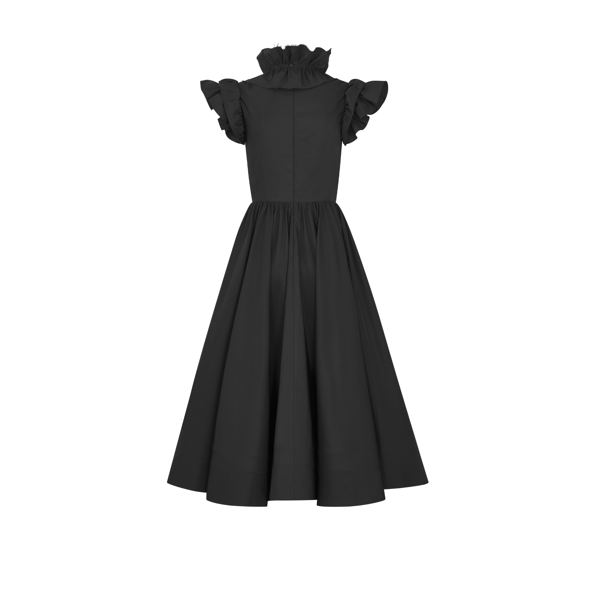 Robe mi-longue évasée à col ruché amovible Faille de soie noire E08