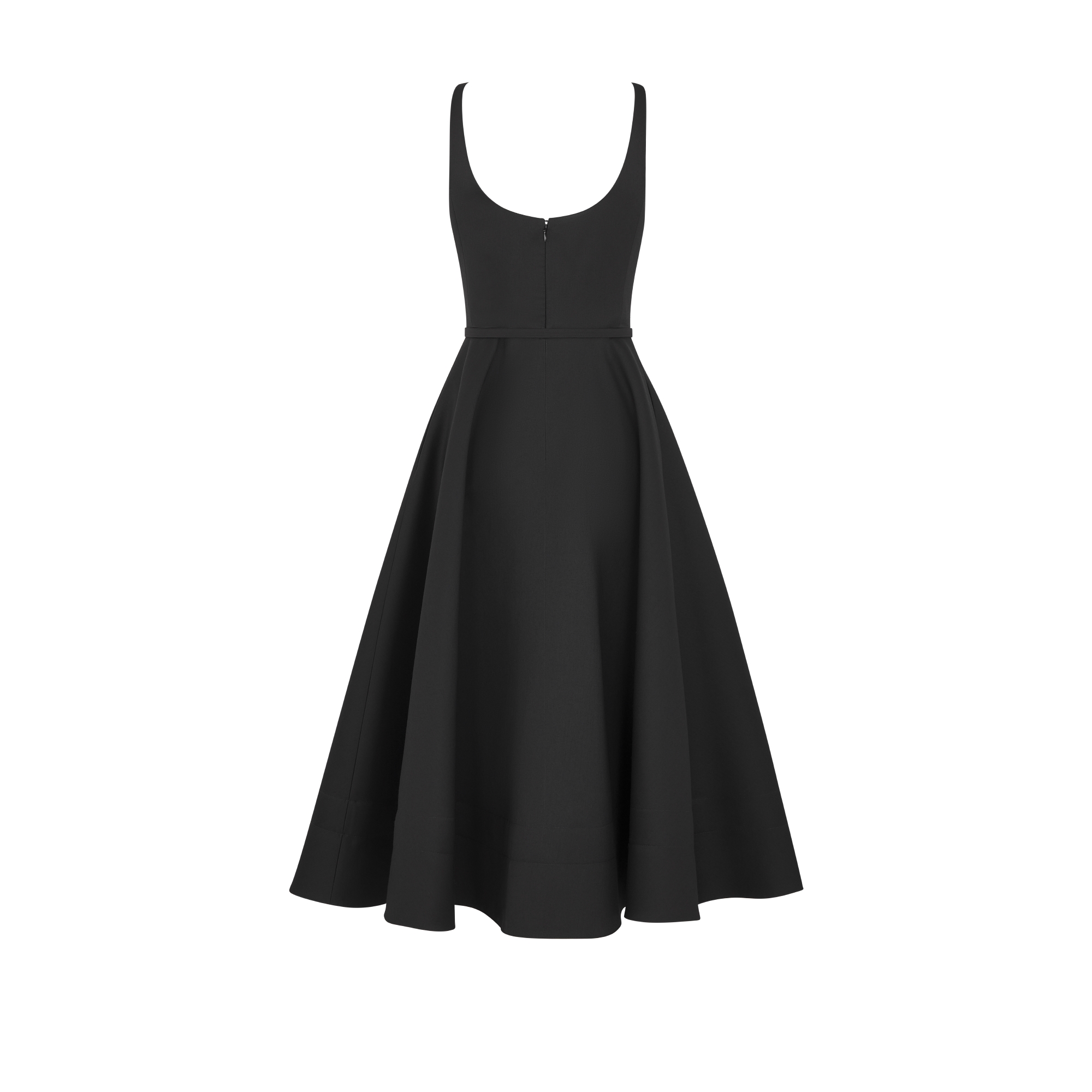 Mid-Length Flared Dress with Belt Black Wool and Silk Shantung E08