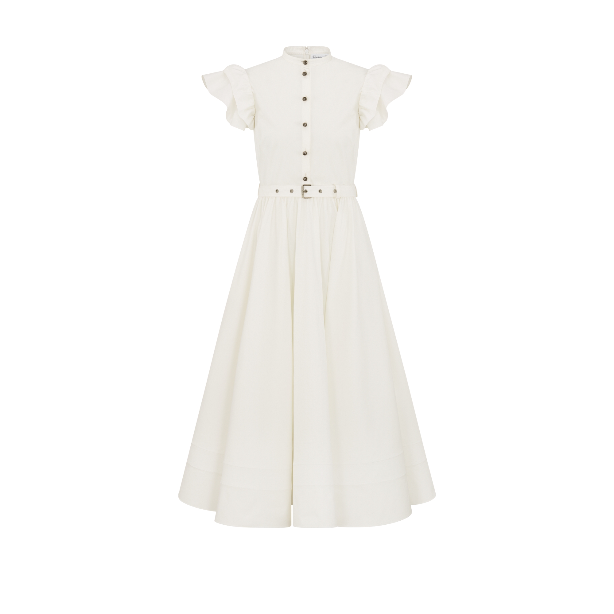 Ausgestelltes Midikleid mit Gürtel Baumwoll- und Seidenpopelin in Ecru E01