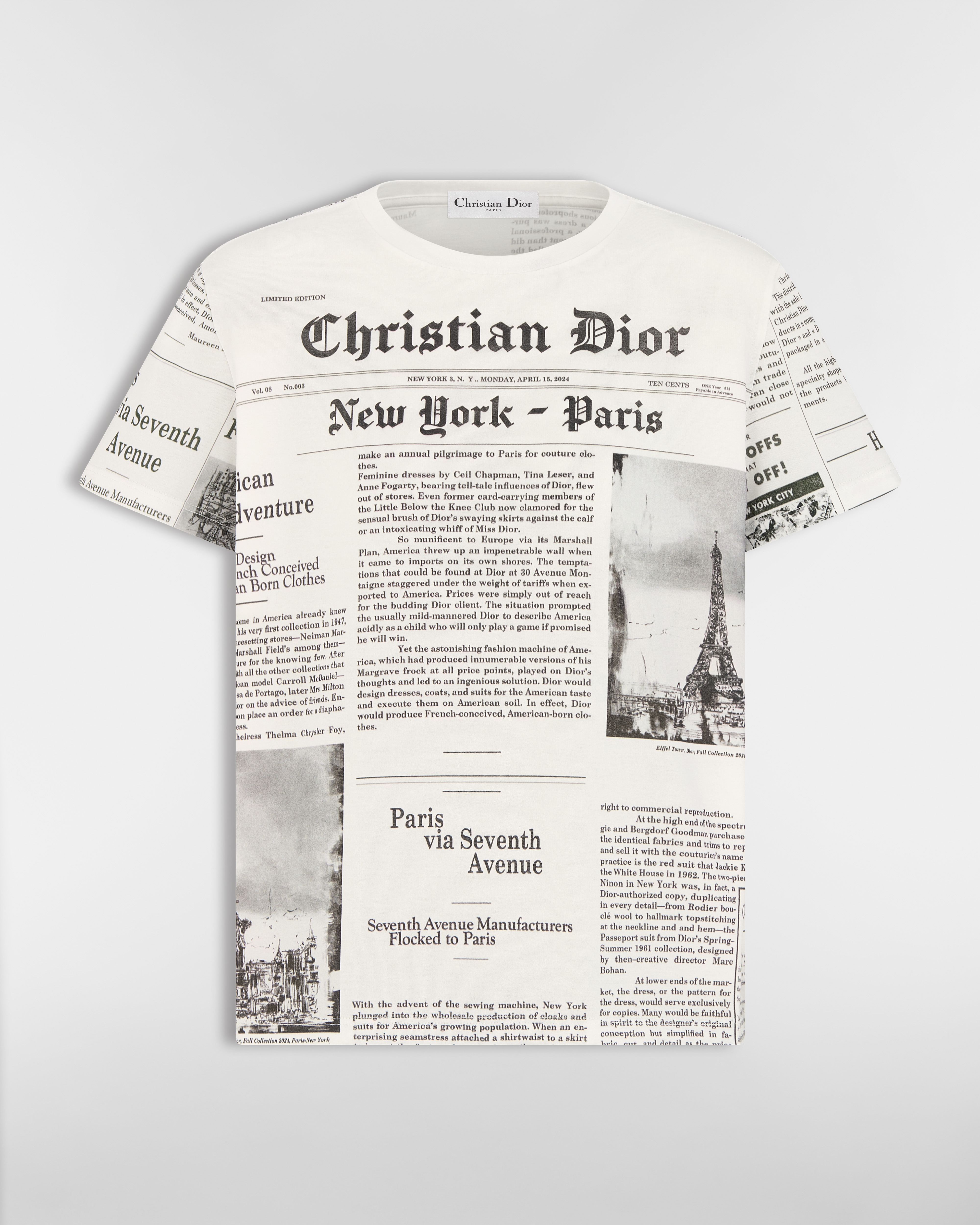 T-Shirt White and Black Newspaper Motif Cotton Jersey E01
