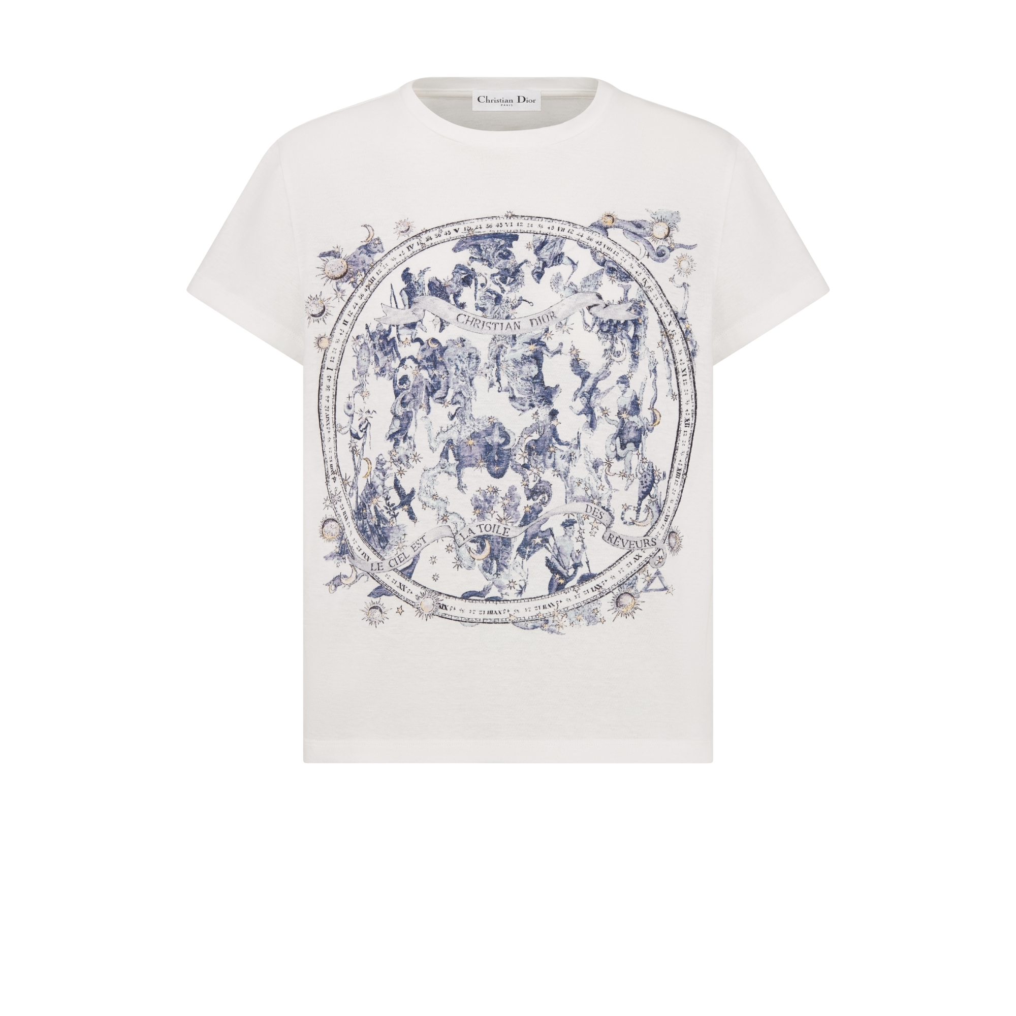 T-Shirt White Cotton and Linen Jersey with Multicolor Dior Star