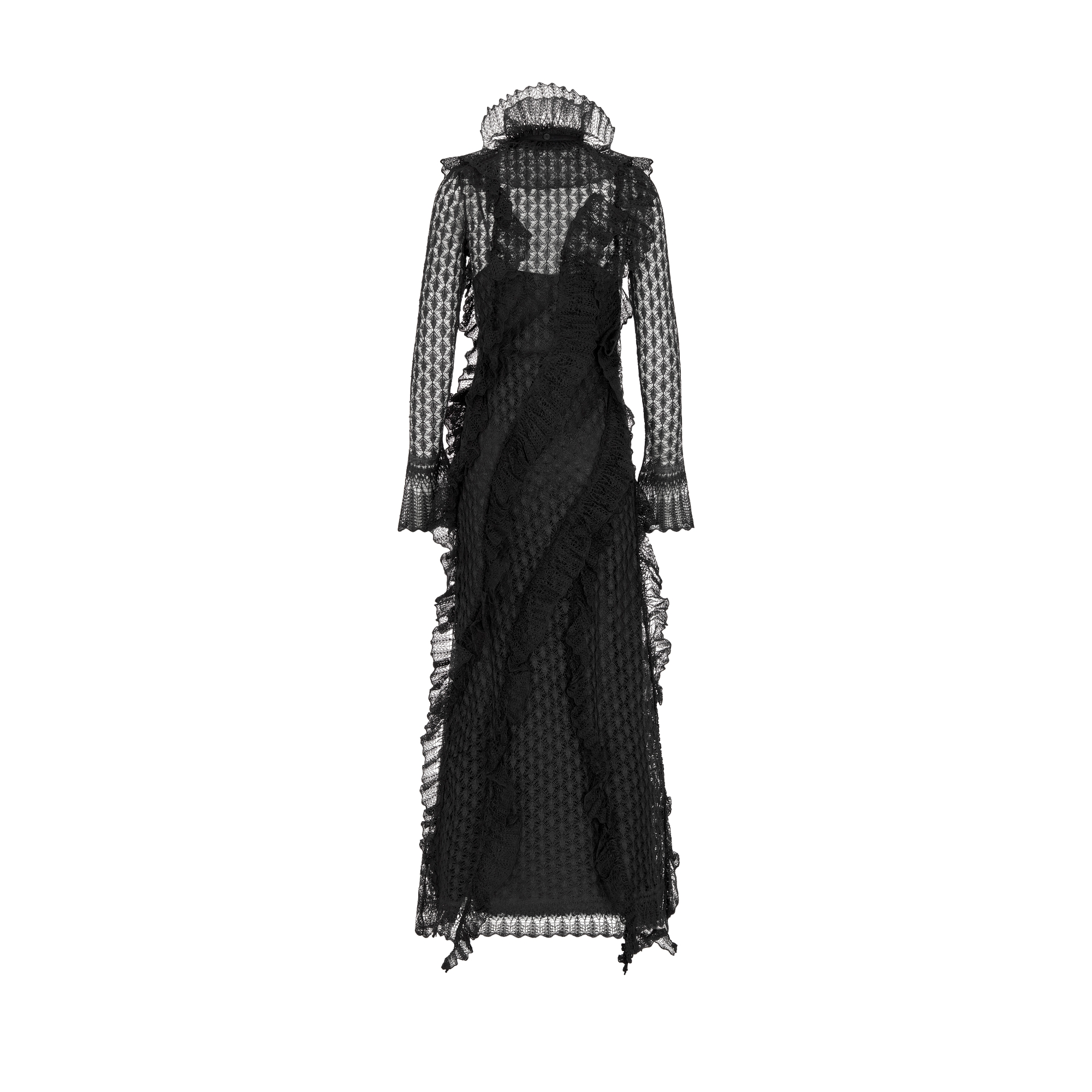 Long Ruffled Dress with Removable Ruched Collar Black Linen-, Silk- and Cotton-Blend Knit Lace E08