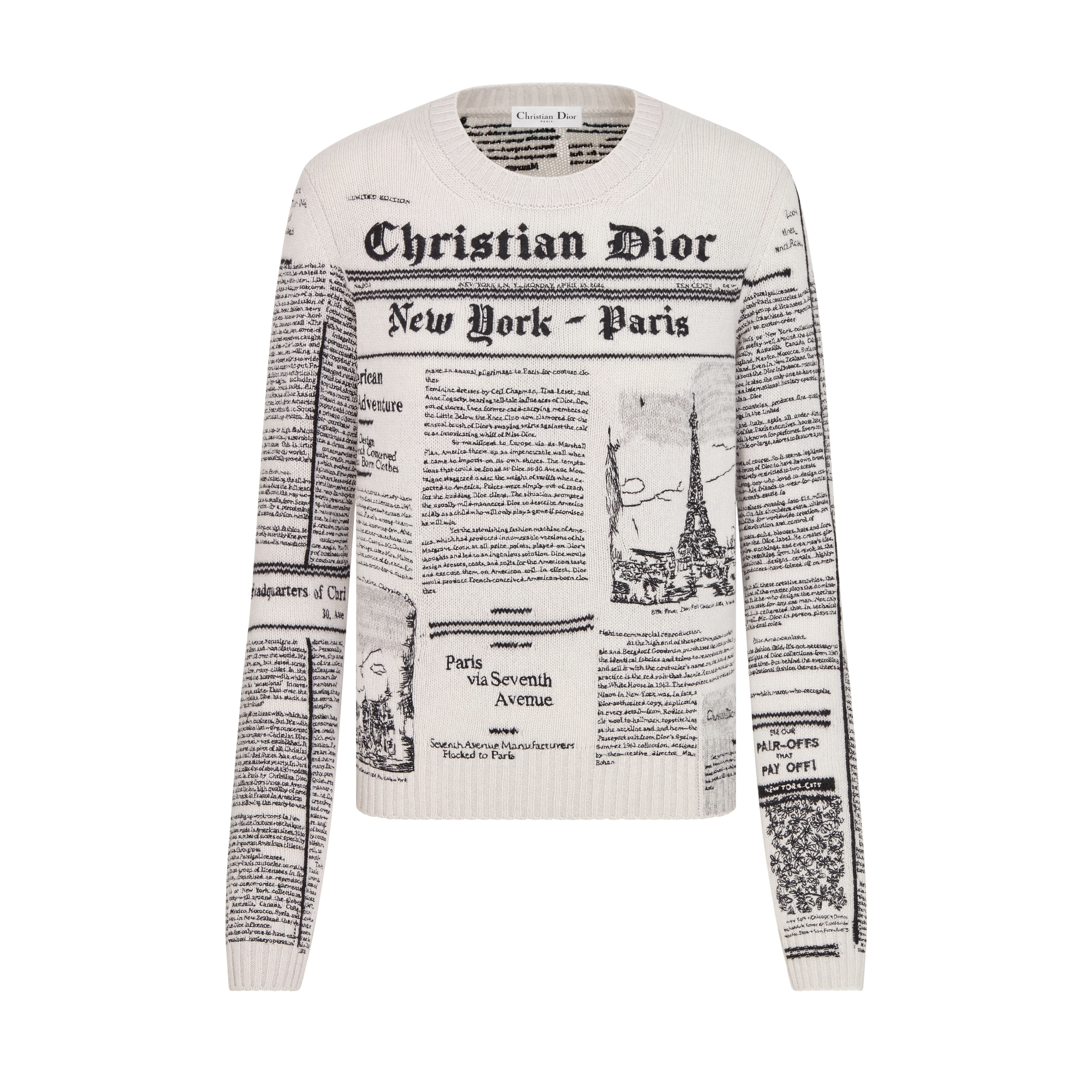 Pullover mit Stickerei Kaschmirstrick in Weiß und Schwarz mit Newspaper Motiv E01