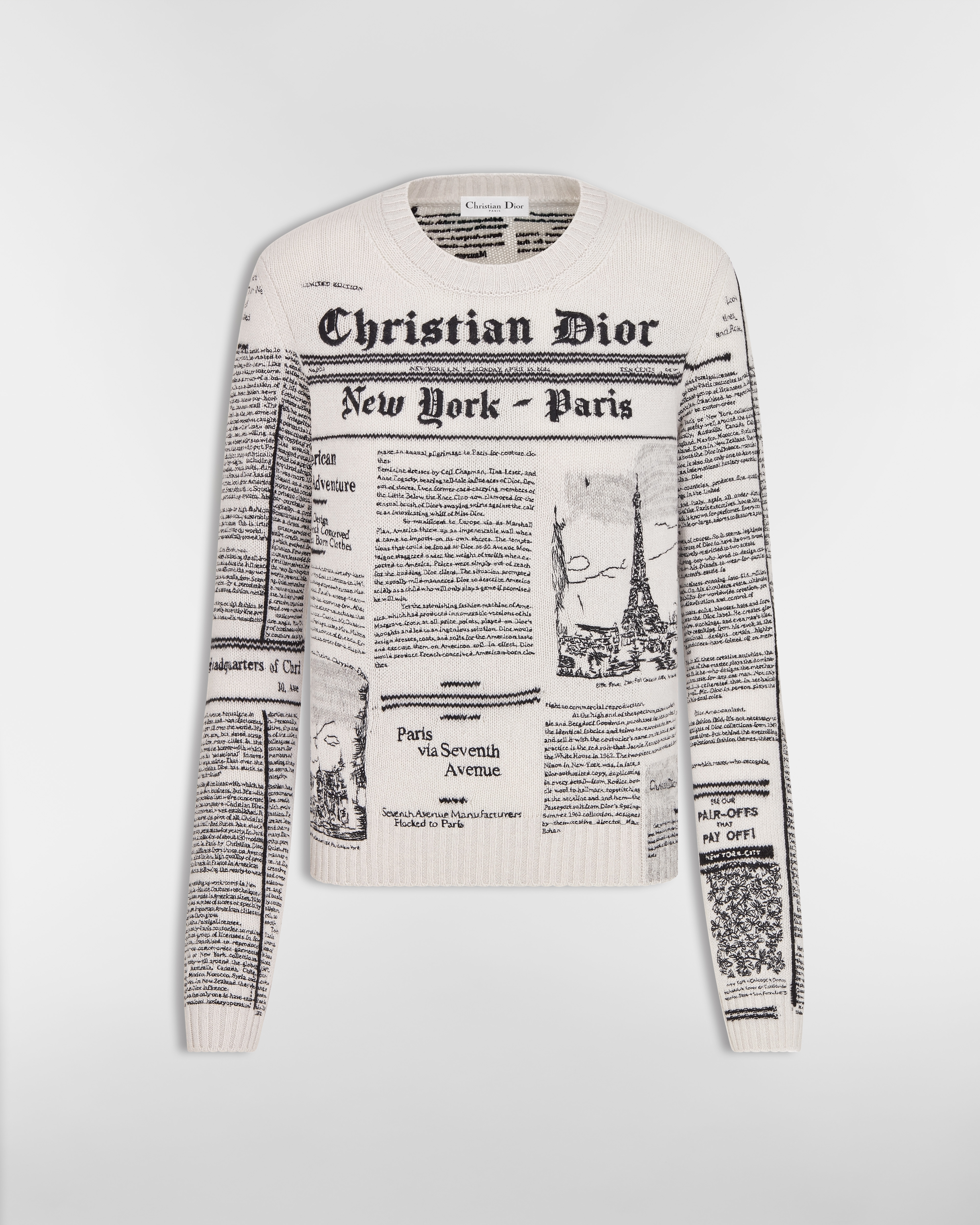 Pull brodé Maille de cachemire à motif Newspaper blanc et noir E01