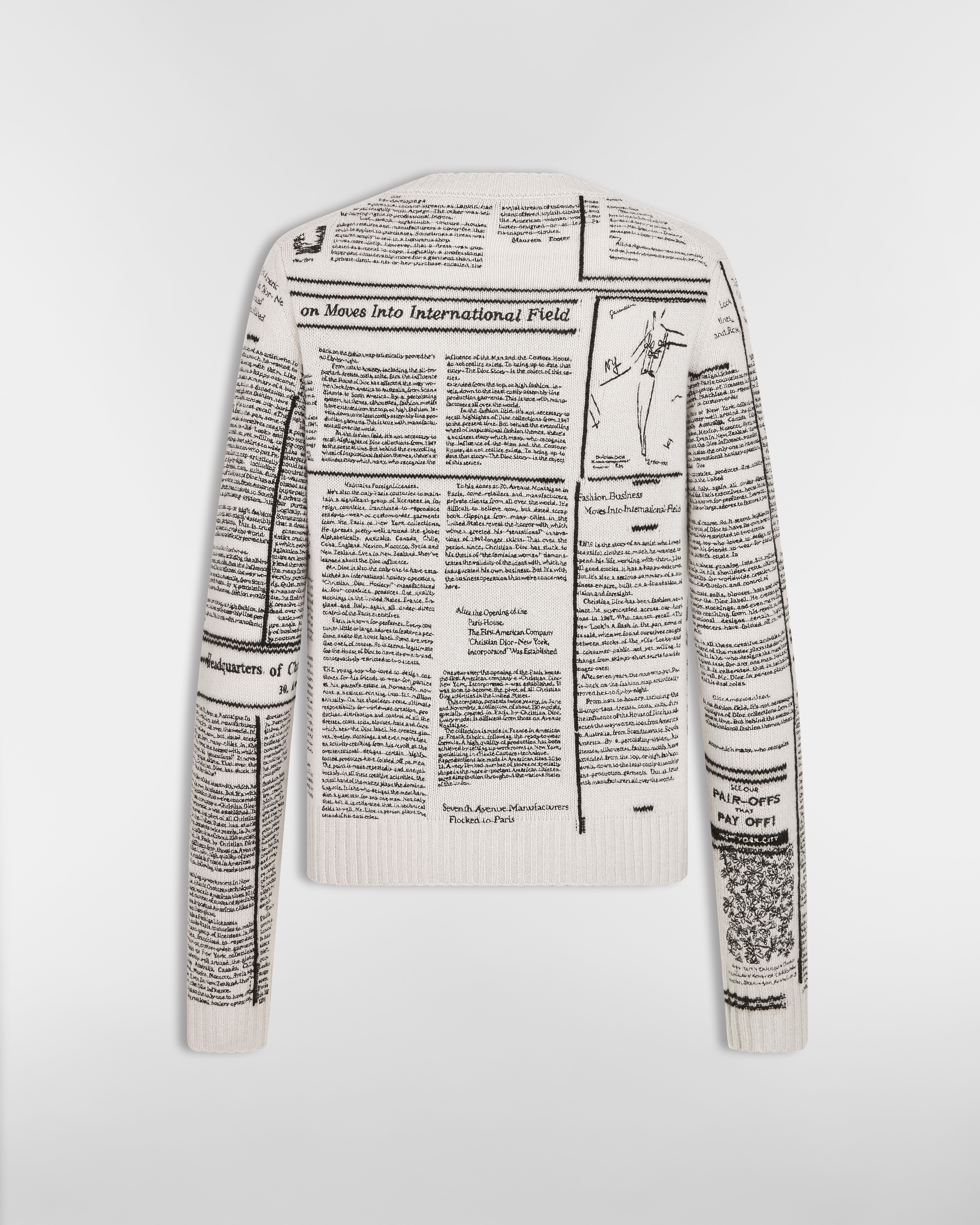 Pull brodé Maille de cachemire à motif Newspaper blanc et noir E08