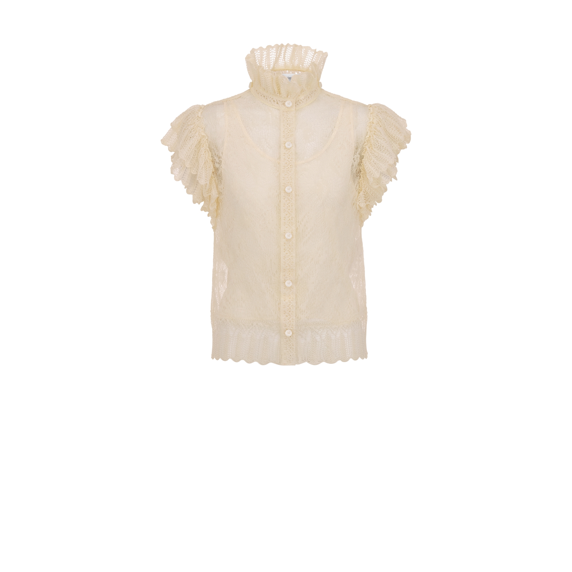 Sleeveless Top with Removable Ruched Collar Ecru Linen- and Silk-Blend Lace E10