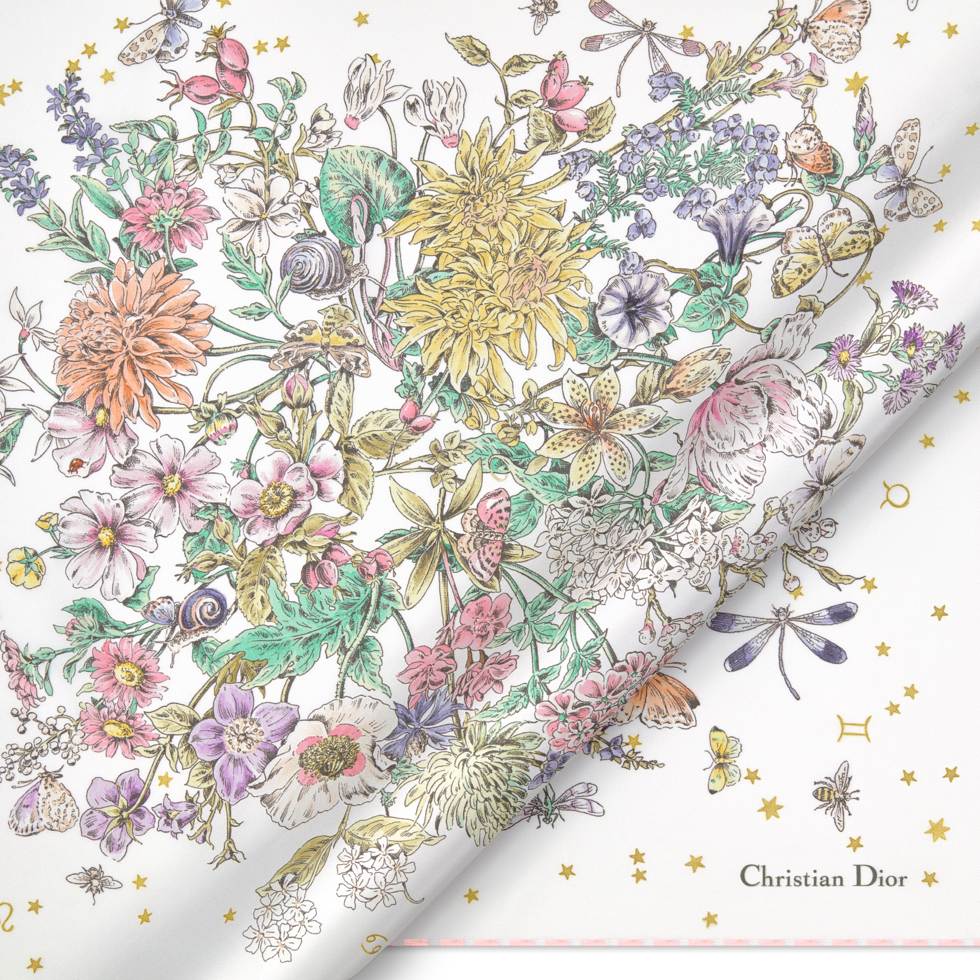 Dior Zodiac Flowers 55 Square Scarf White Multicolor Silk Twill E09