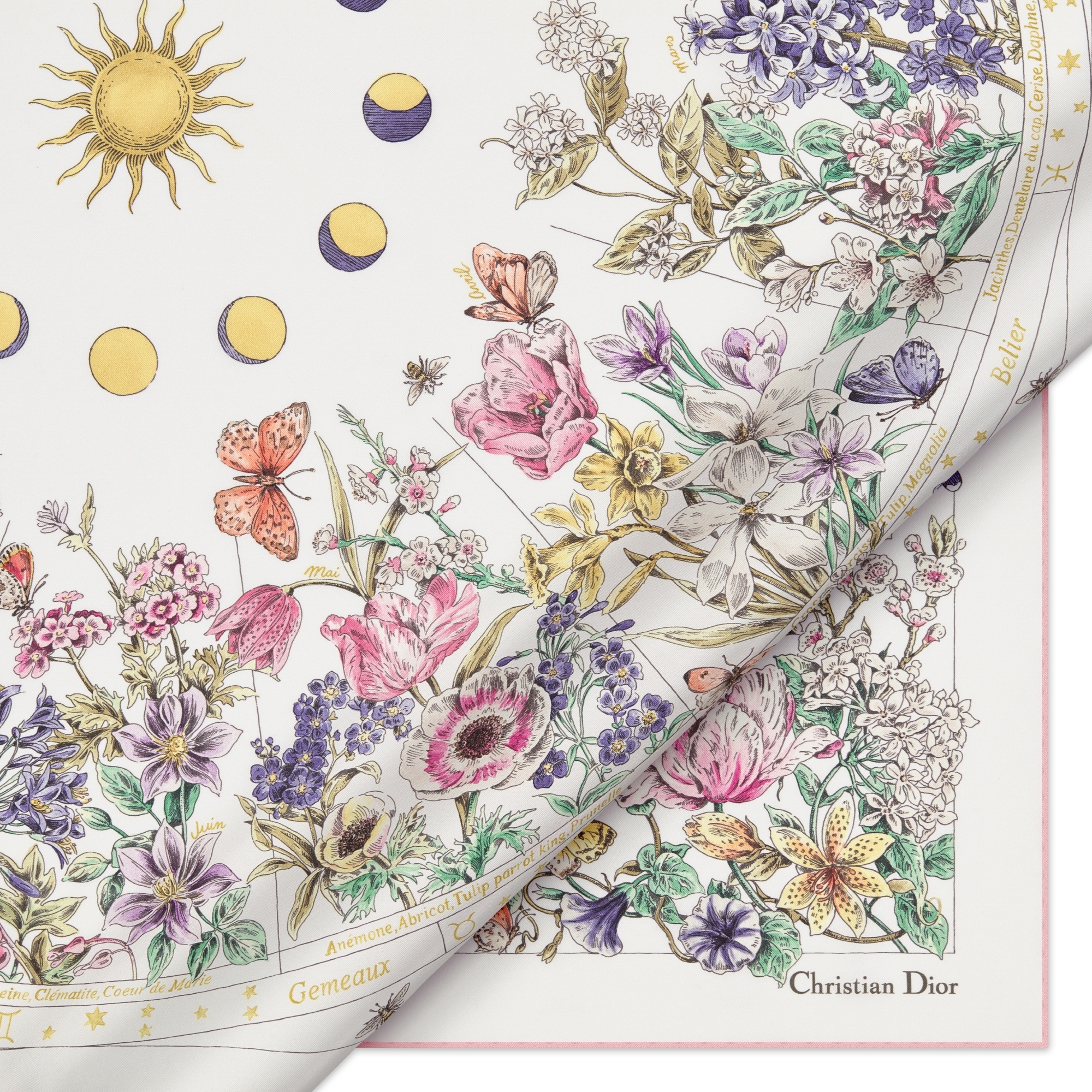 Dior Astral Flowers 90 Square Scarf Ivory Multicolor Silk Twill E09