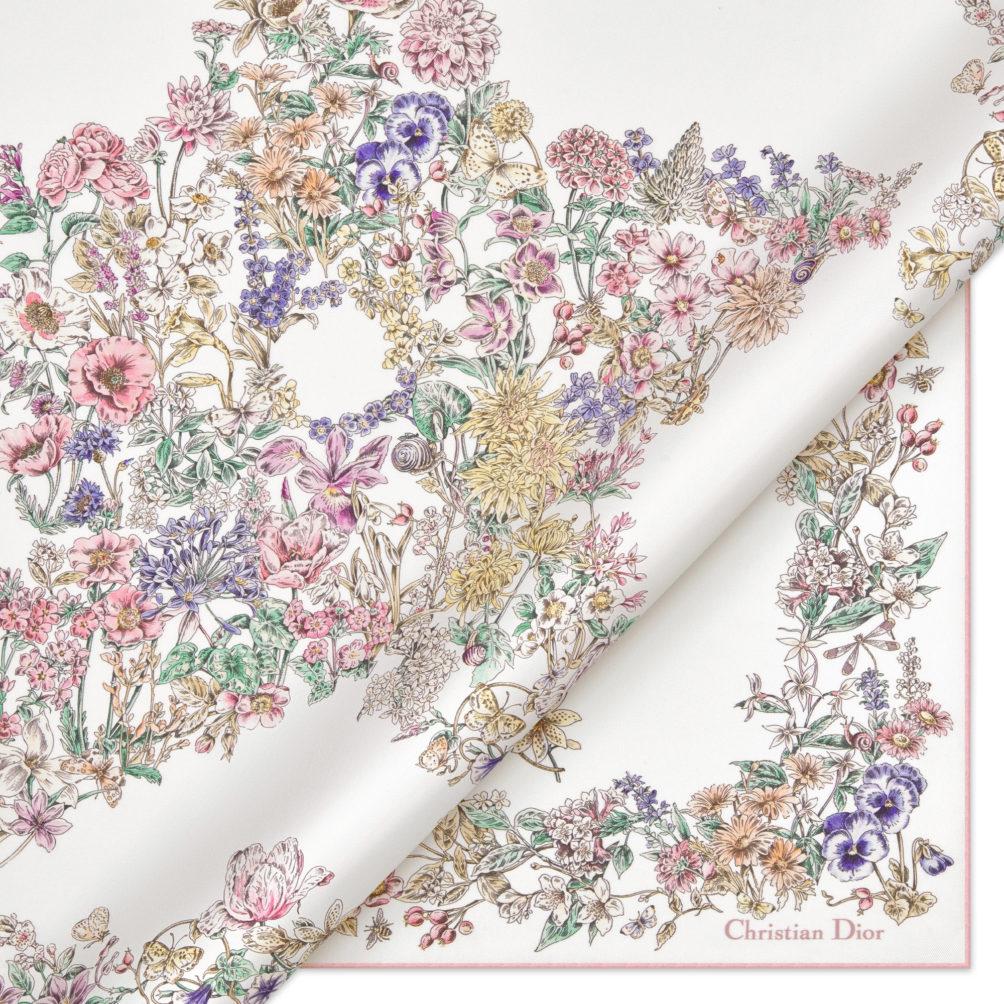 Dior Star 70 Square Scarf White, Multicolor and Pink Silk Twill E09