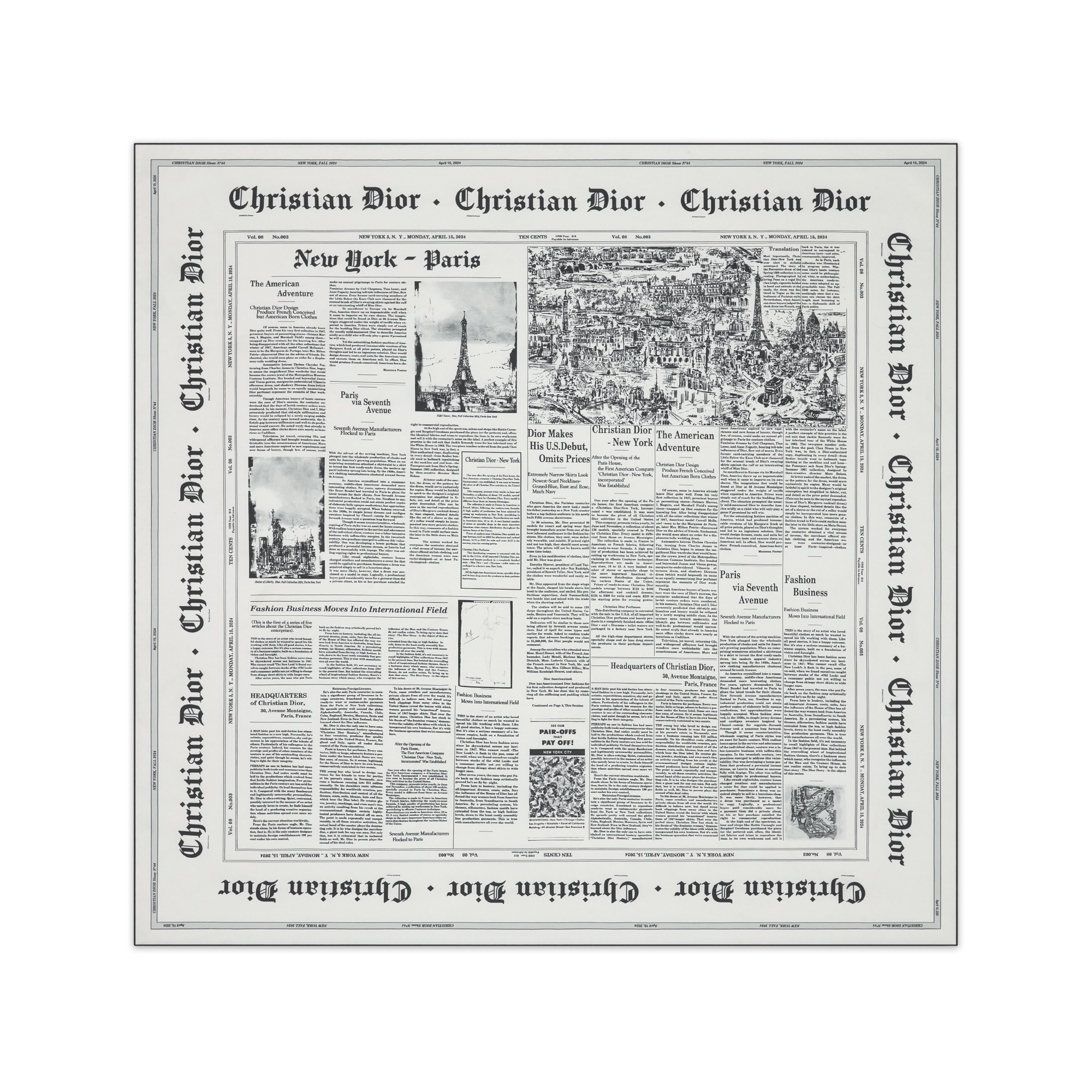 Carré 90 Newspaper Twill de soie blanche et noire E01