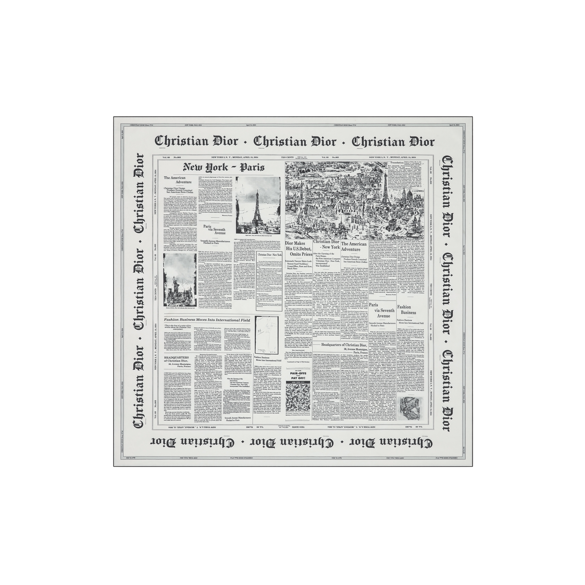 Newspaper 90 Square Scarf White and Black Silk Twill | DIOR