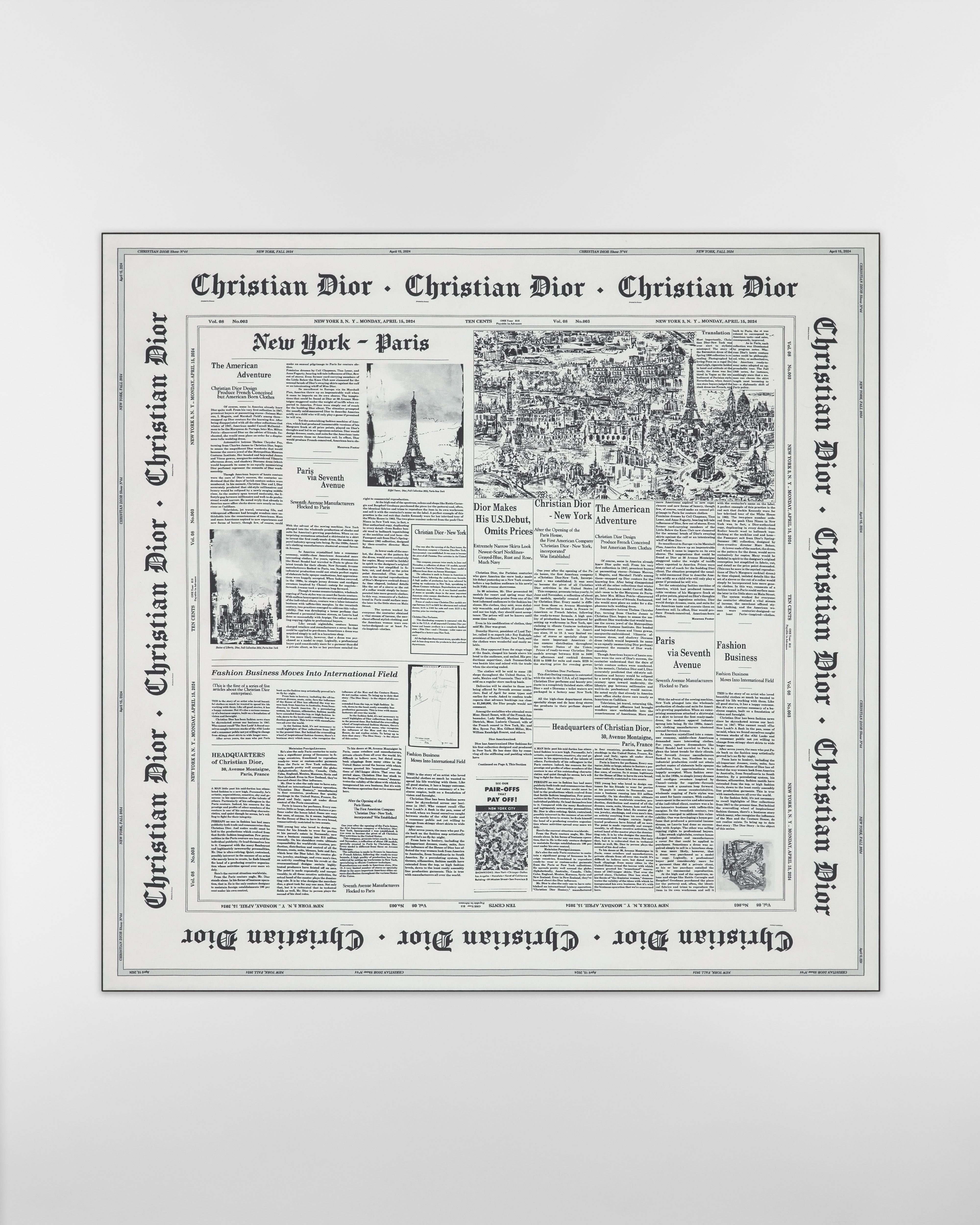 Vierkante sjaal met Newspaper-print (90 x 90 cm) Witte en zwarte zijden keperstof E01