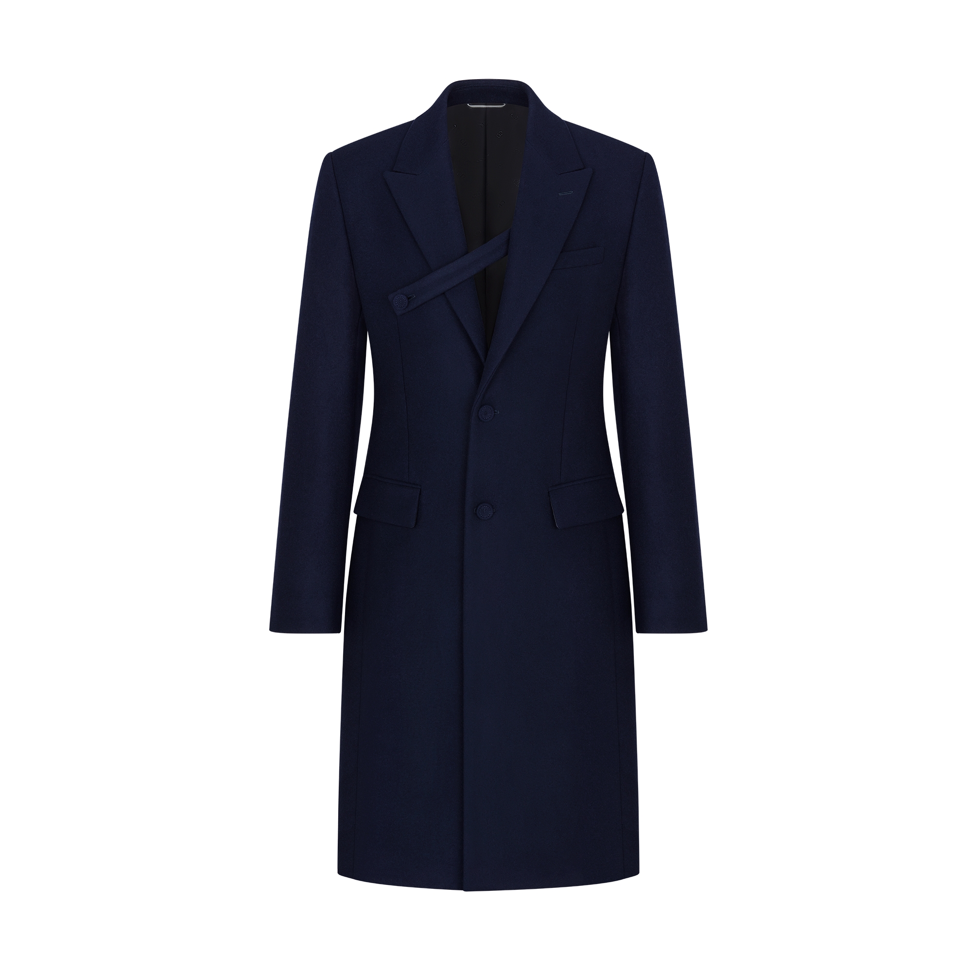 Long Coat with Buttoned Strap Navy Blue Virgin Wool | DIOR