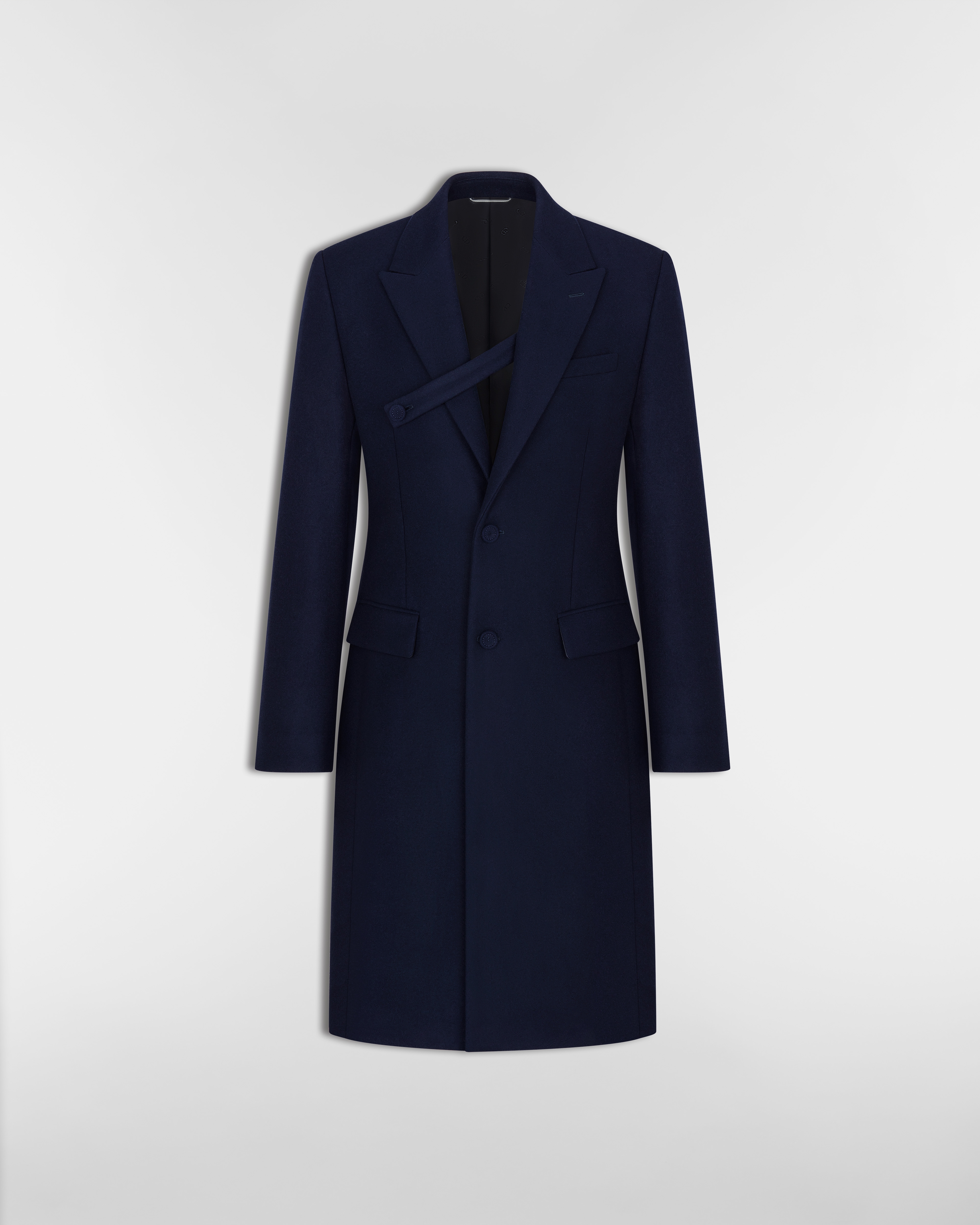 Manteau long à strap boutonnée Drap de laine vierge bleu marine E01