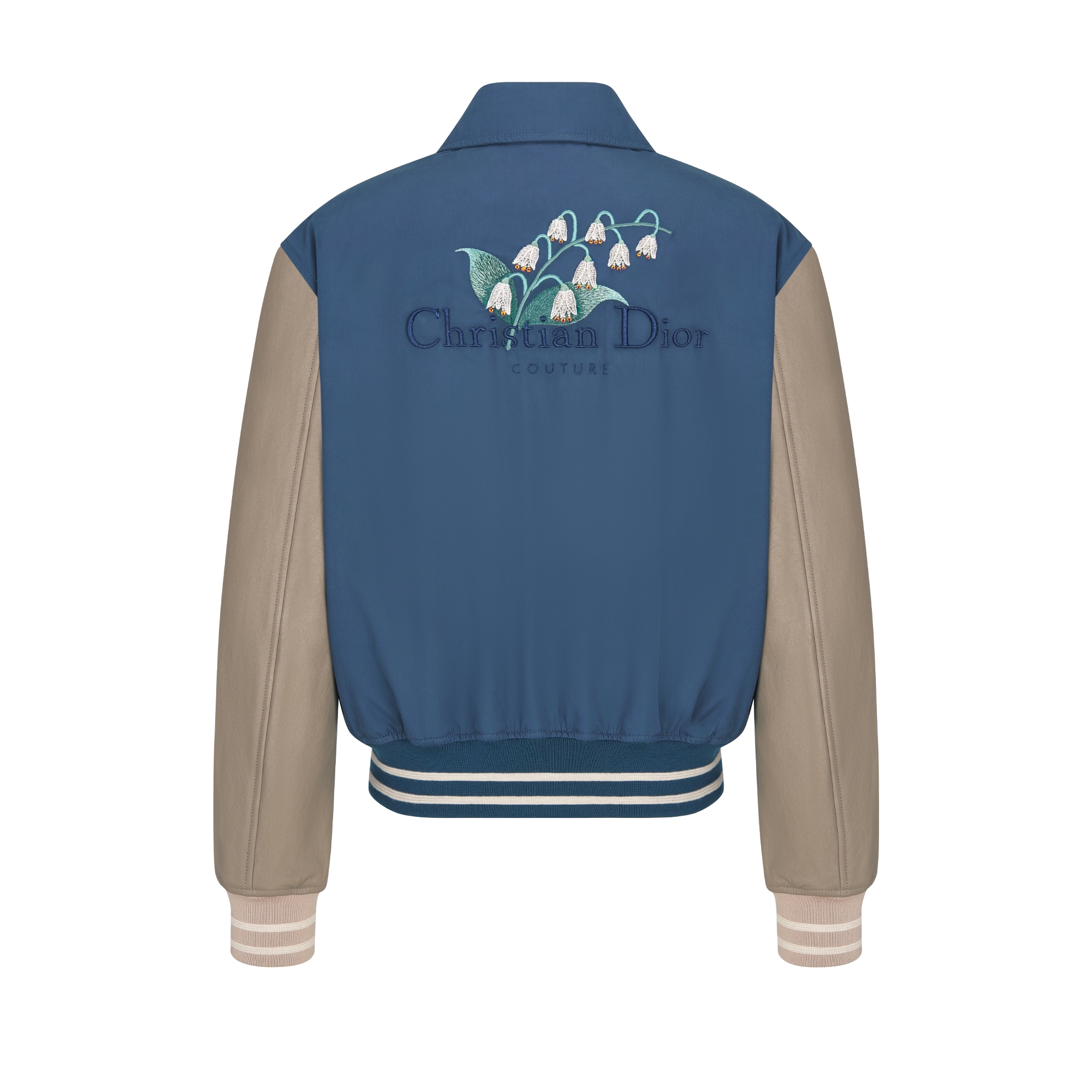Christian Dior Couture Lily of the Valley Varsity Jacket Blue Cotton Twill and Brown Lambskin E08