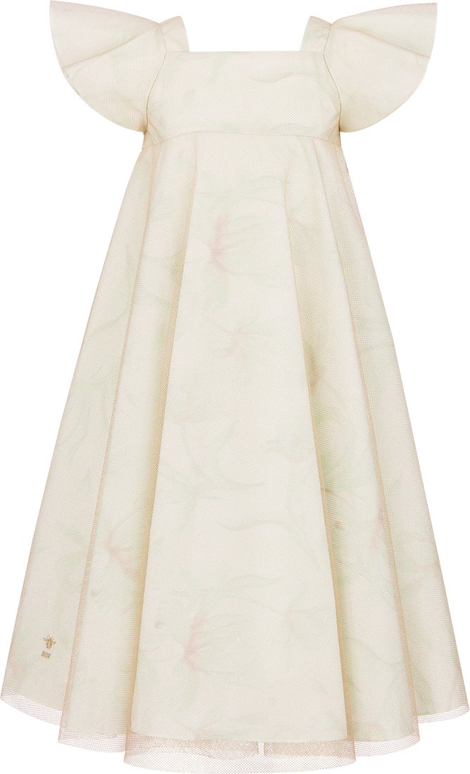 Kids Flared Dress Sea Green Technical Fabric with Tulip Motif and Gold Tone Laminated Tulle DIOR