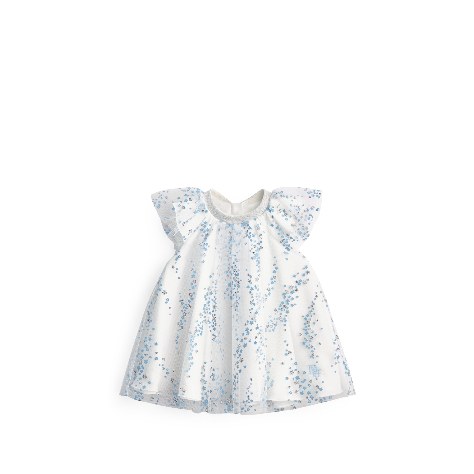 Baby Flared Dress Ivory Tulle with Light Blue and Silver-Tone Seasonal Floral Motif E01