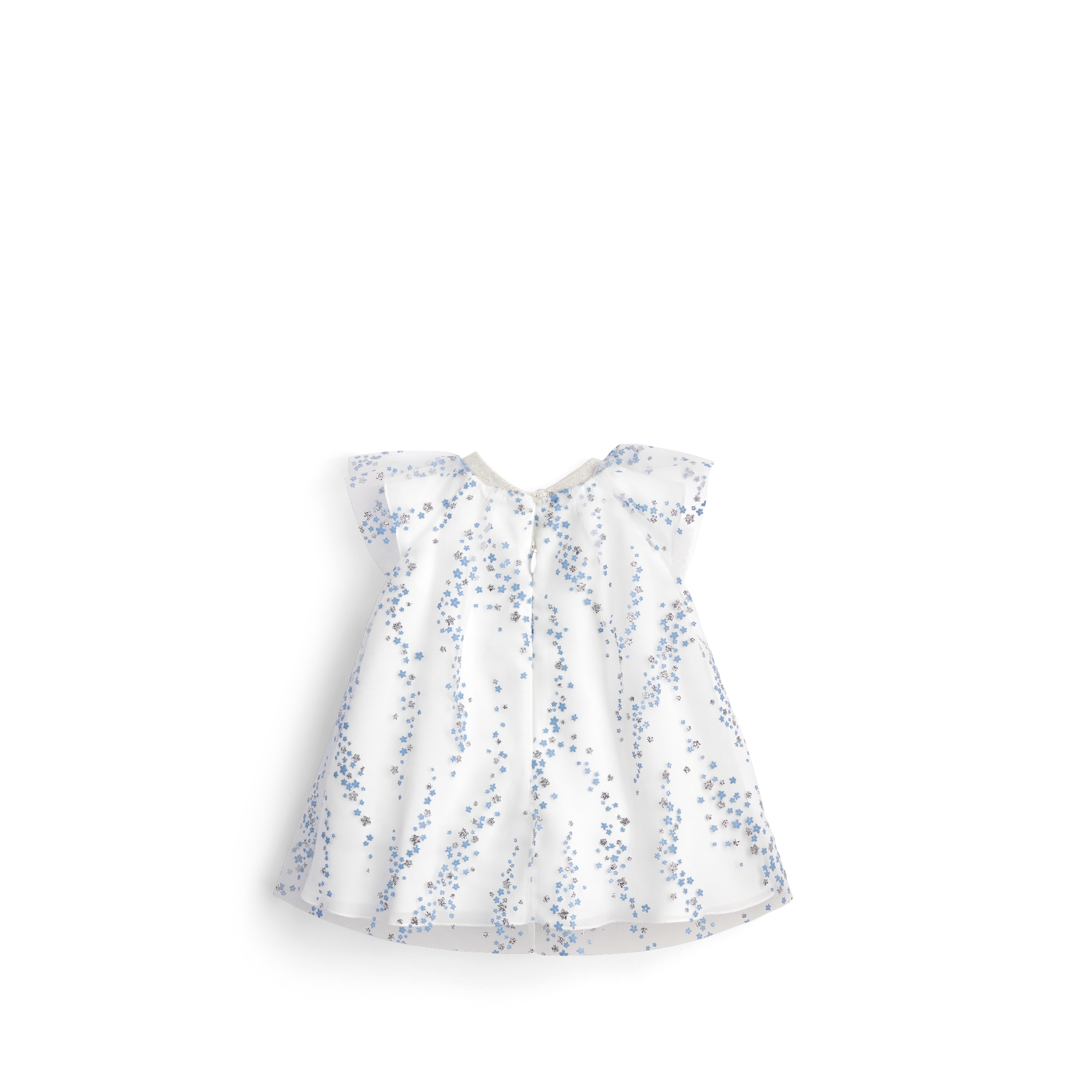 Baby Flared Dress Ivory Tulle with Light Blue and Silver-Tone Seasonal Floral Motif E08