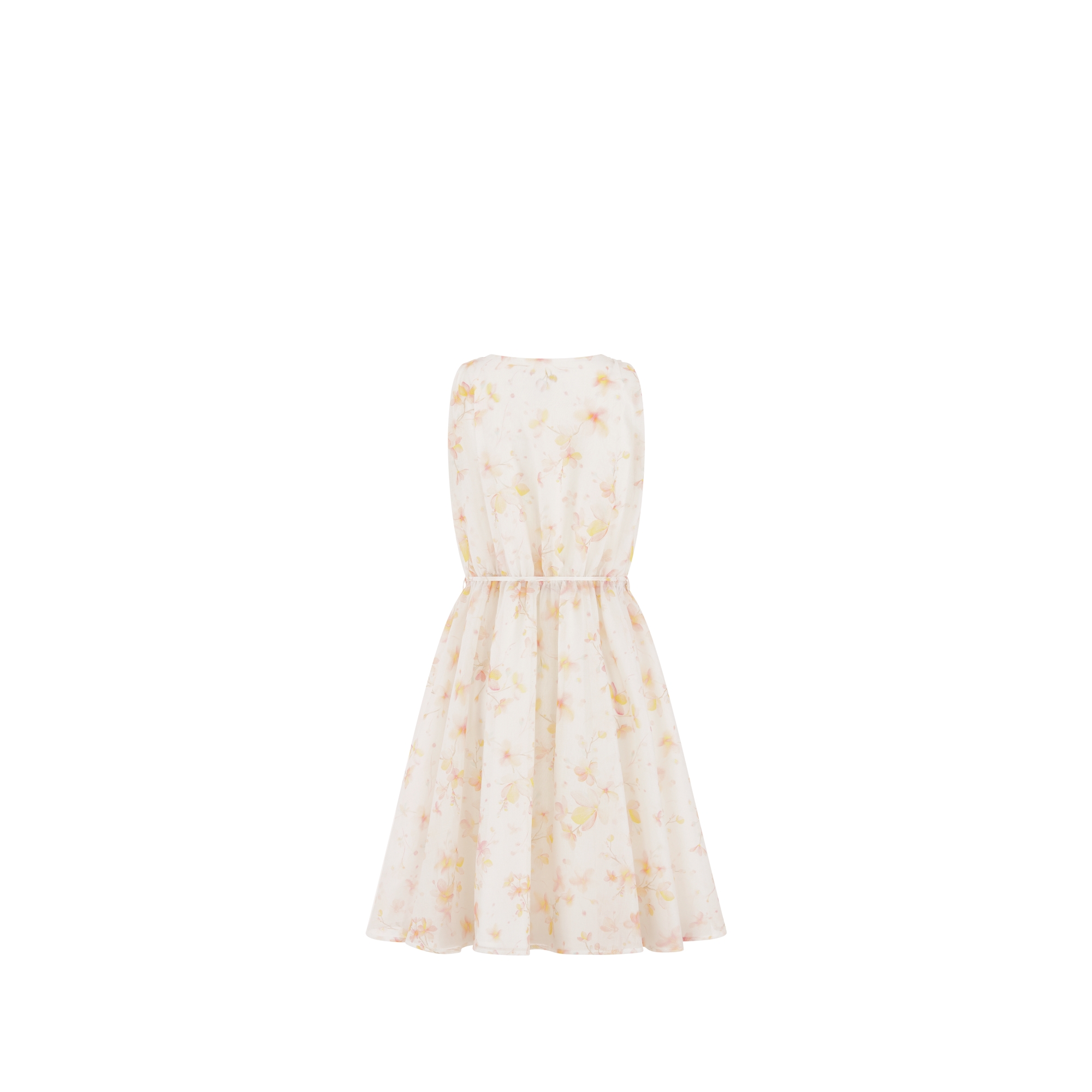 Kids' Flared Dress Ivory Cotton Voile with Multicolor Seasonal Floral Motif E08