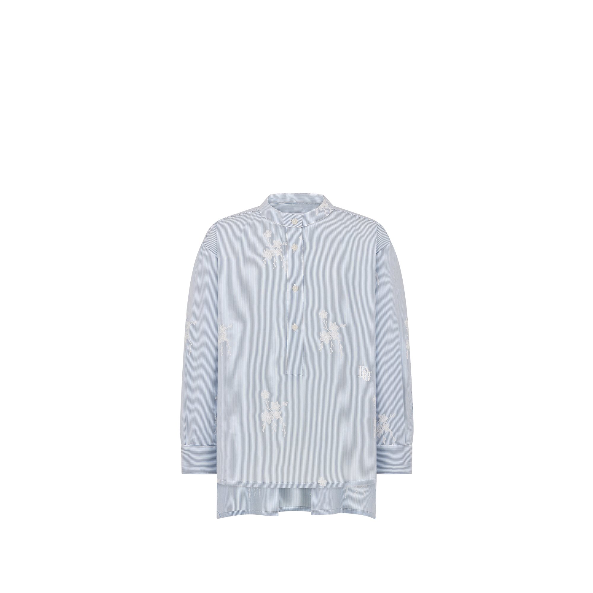 Kids' Shirt Navy Blue Striped Cotton and Silk Poplin with Ivory Embroidered Seasonal Floral Motif E01