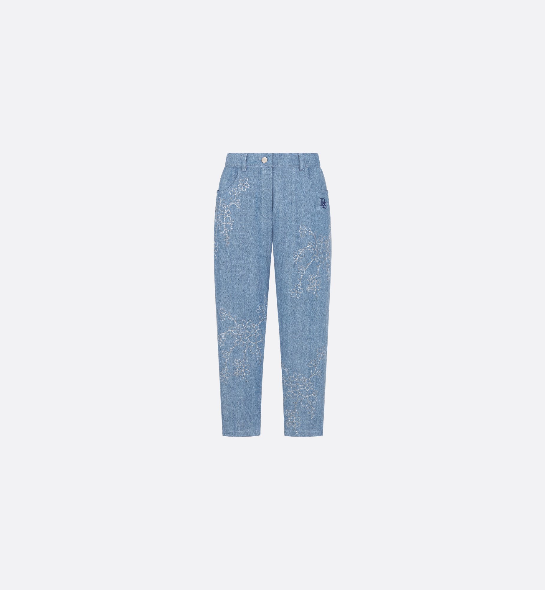 Kids' Pants Blue Cotton Denim Embroidered with Ivory Kids' Pants Blue Cotton Denim Embroidered with Ivory