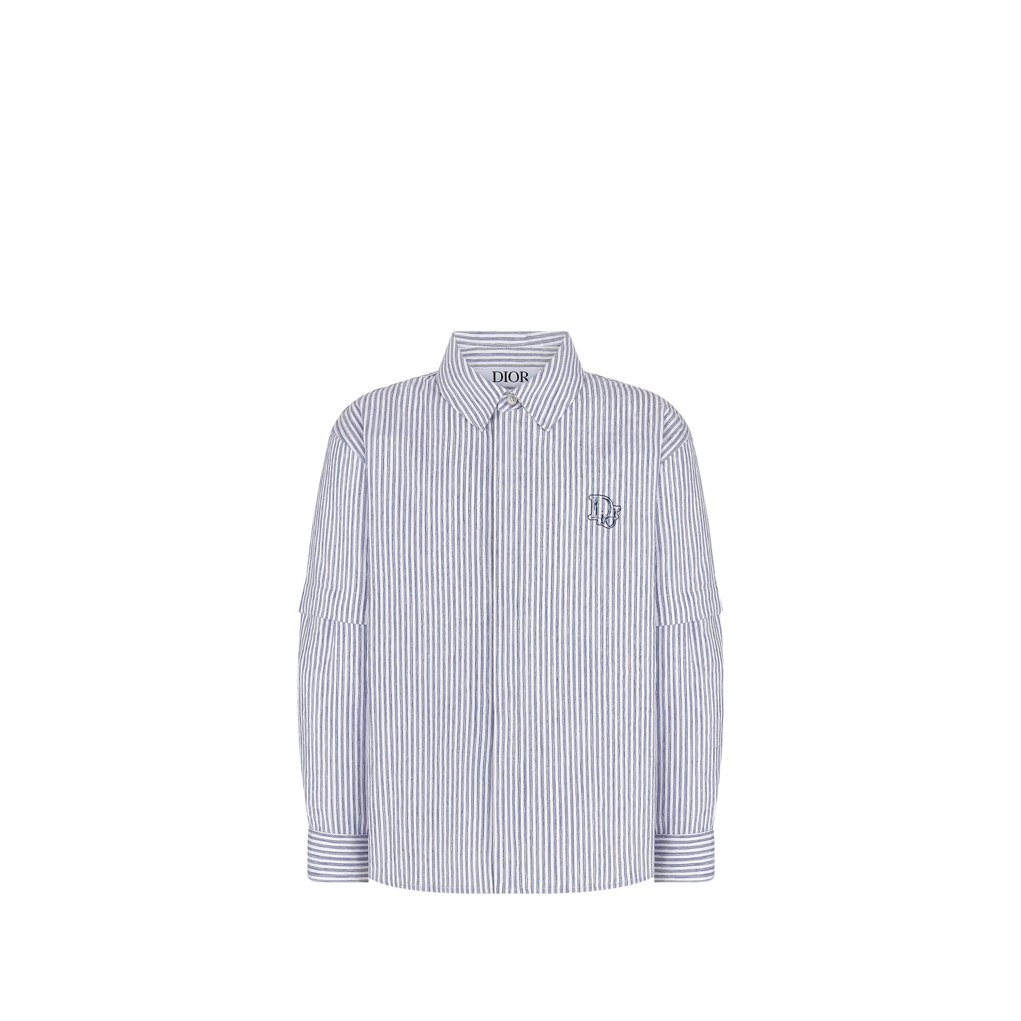 Kids' Shirt with Removable Sleeves Cotton- and Silk-Blend Poplin with Navy Blue Stripes E01