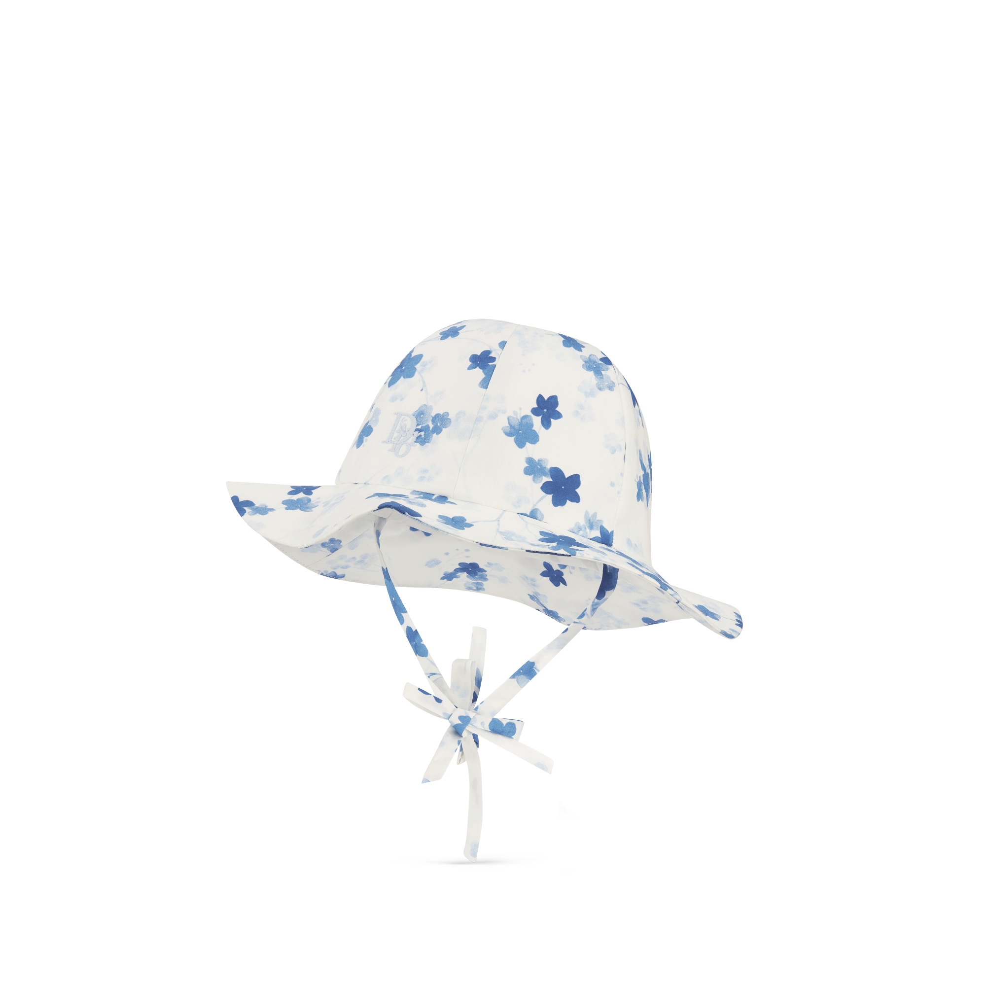 Baby Hat Ivory Cotton Poplin with Blue Seasonal Floral Motif E03