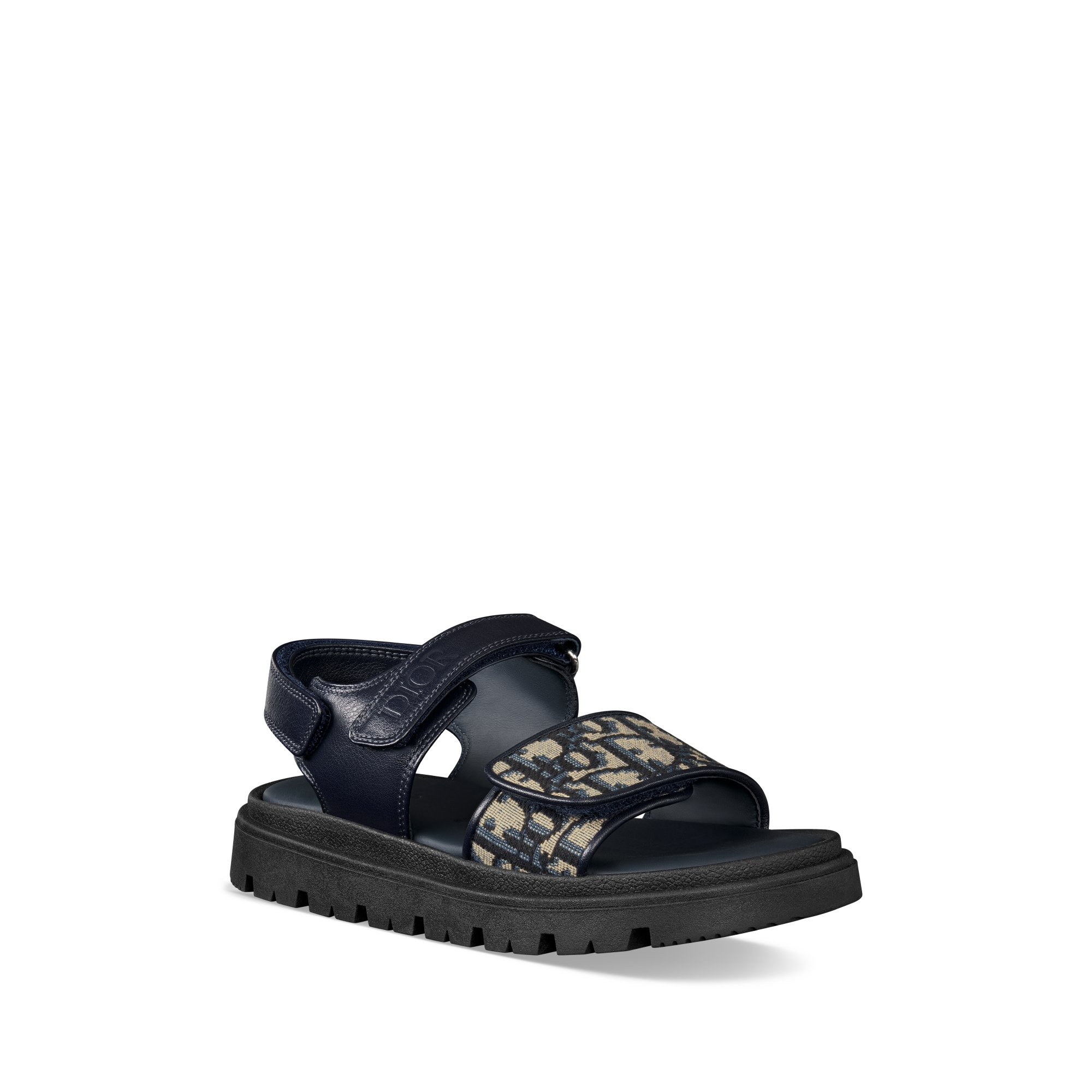 Sandale enfant Cuir de veau bleu marine et toile jacquard Dior Oblique beige et noir E03