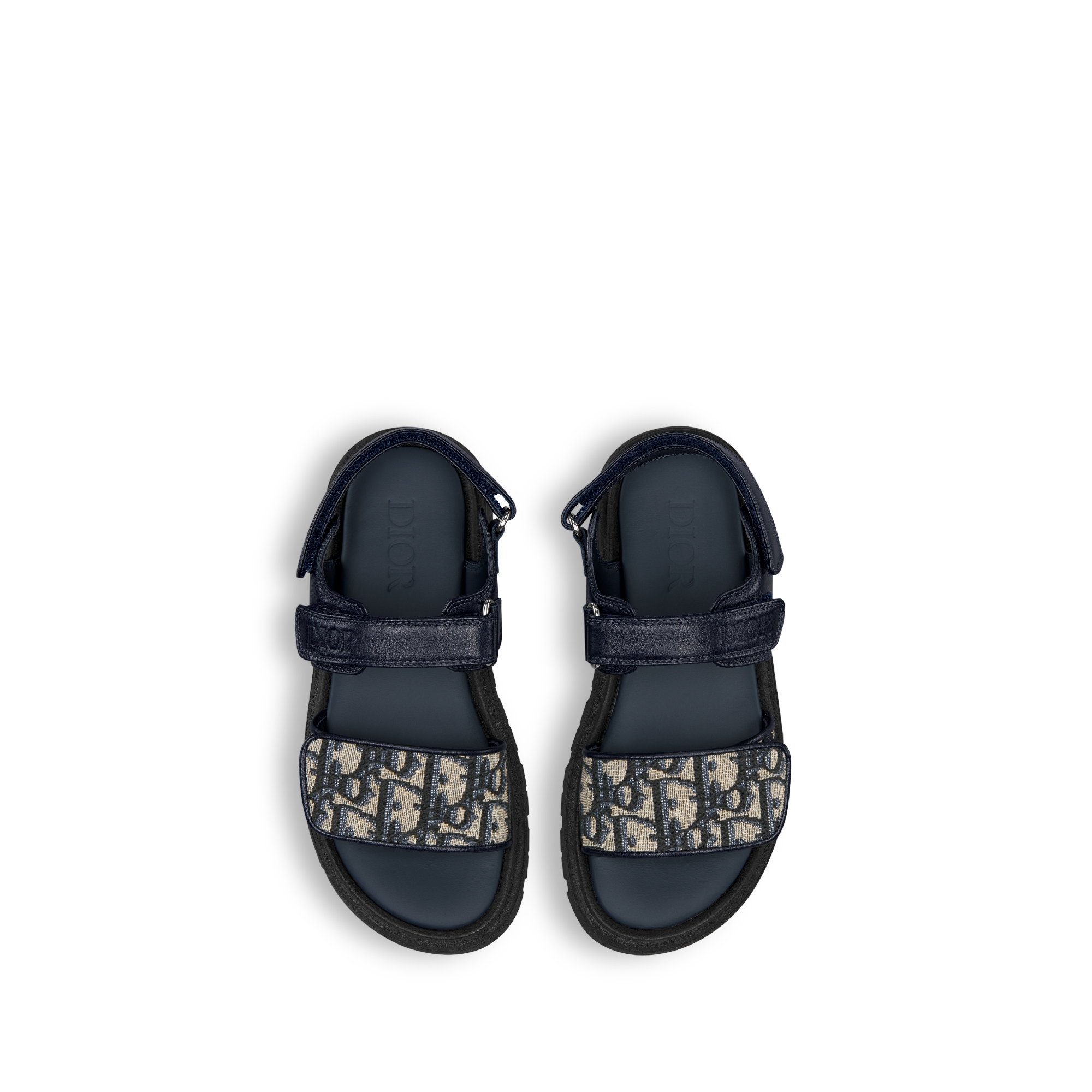 Sandale enfant Cuir de veau bleu marine et toile jacquard Dior Oblique beige et noir E06
