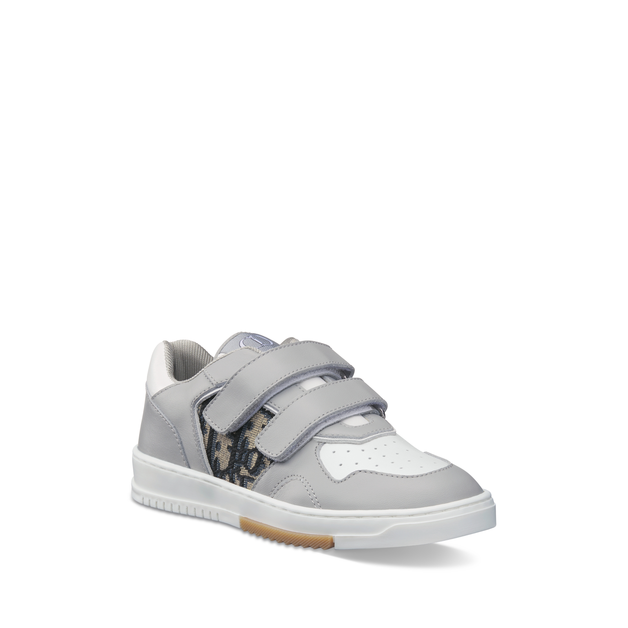 Sneaker B27 basse enfant, pointure 27 à 30 Cuir de veau lisse gris et blanc, toile jacquard Dior Oblique beige et noir E03